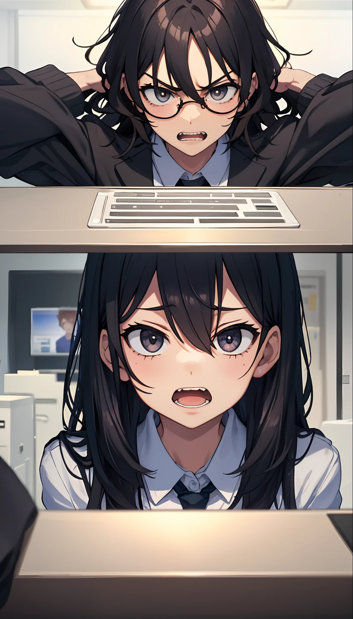 hates work, life is awkward, sitting in front of computer, messy hair, downcast, gnashing teeth, ((crazy expression)), four-eyed uncle
