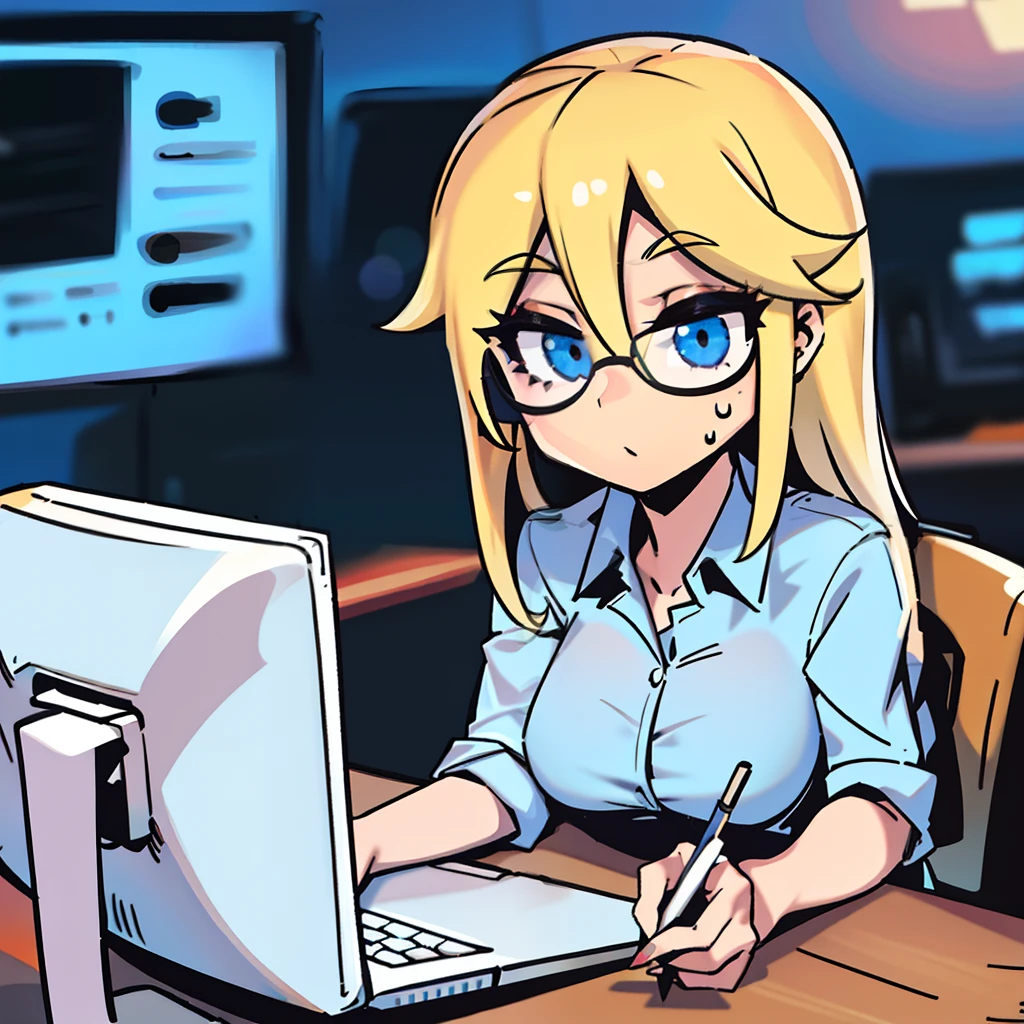 Blonde girl, cute, busy at work, computer