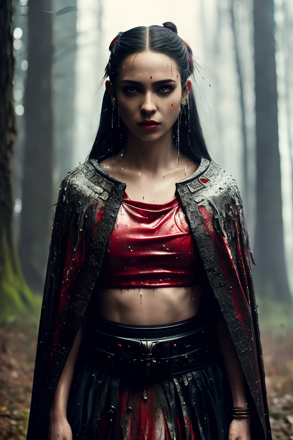 full body, (walking:1.1), (slow motion:1.2), assassin wearing black cloth made of liquid paint, wet dripping mascara, raining, wet, red cloak, (insanely detailed:1.5), ((analog)), (highest quality, Alessandro Casagrande, Greg Rutkowski, Sally Mann, concept art, 4k), (colourful), (high sharpness), ((detailed pupils)), red eyes, ((painting:1.1)), (digital painting:1.1), detailed face and eyes,Masterpiece, best quality, highly detailed photo:1, 8k, detailed face,photorealistic, (silver Hair,ponytail hair cut, ecstatic:1.1),(older woman:1.3),By jeremy mann, by sandra chevrier, by maciej kuciara,((samurai)), sharp, ((perfect body)), realistic, real shadow, 3d, ((crop top)), ((full body)), ((forest background)), (by Michelangelo)