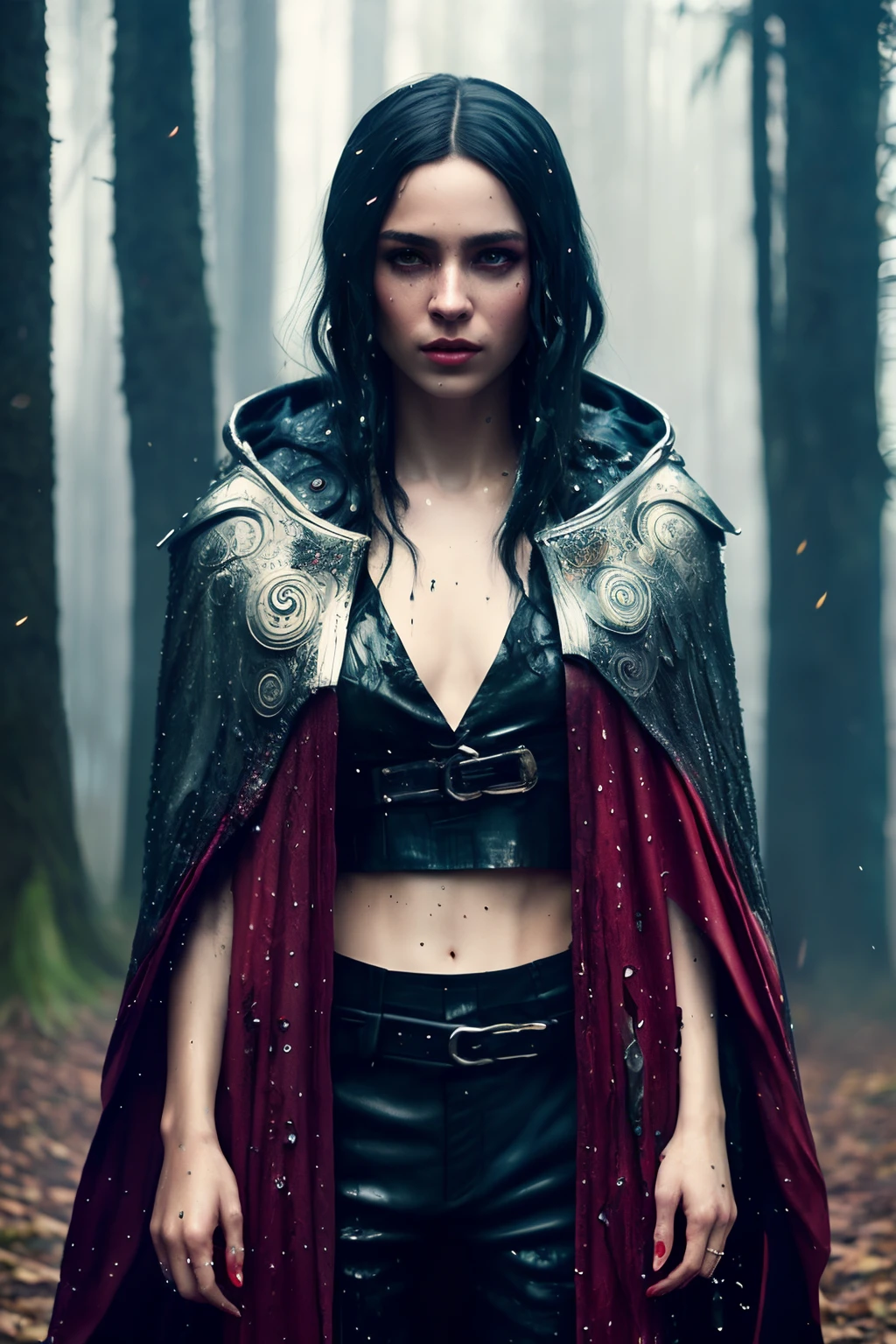 full body, (walking:1.1), (slow motion:1.2), assassin wearing black cloth made of liquid paint, wet dripping mascara, raining, wet, red cloak, (insanely detailed:1.5), ((analog)), (highest quality, Alessandro Casagrande, Greg Rutkowski, Sally Mann, concept art, 4k), (colourful), (high sharpness), ((detailed pupils)), red eyes, ((painting:1.1)), (digital painting:1.1), detailed face and eyes,Masterpiece, best quality, highly detailed photo:1, 8k, detailed face,photorealistic, (silver Hair,ponytail hair cut, ecstatic:1.1),(older woman:1.3),By jeremy mann, by sandra chevrier, by maciej kuciara,((samurai)), sharp, ((perfect body)), realistic, real shadow, 3d, ((crop top)), ((full body)), ((forest background)), (by Michelangelo)