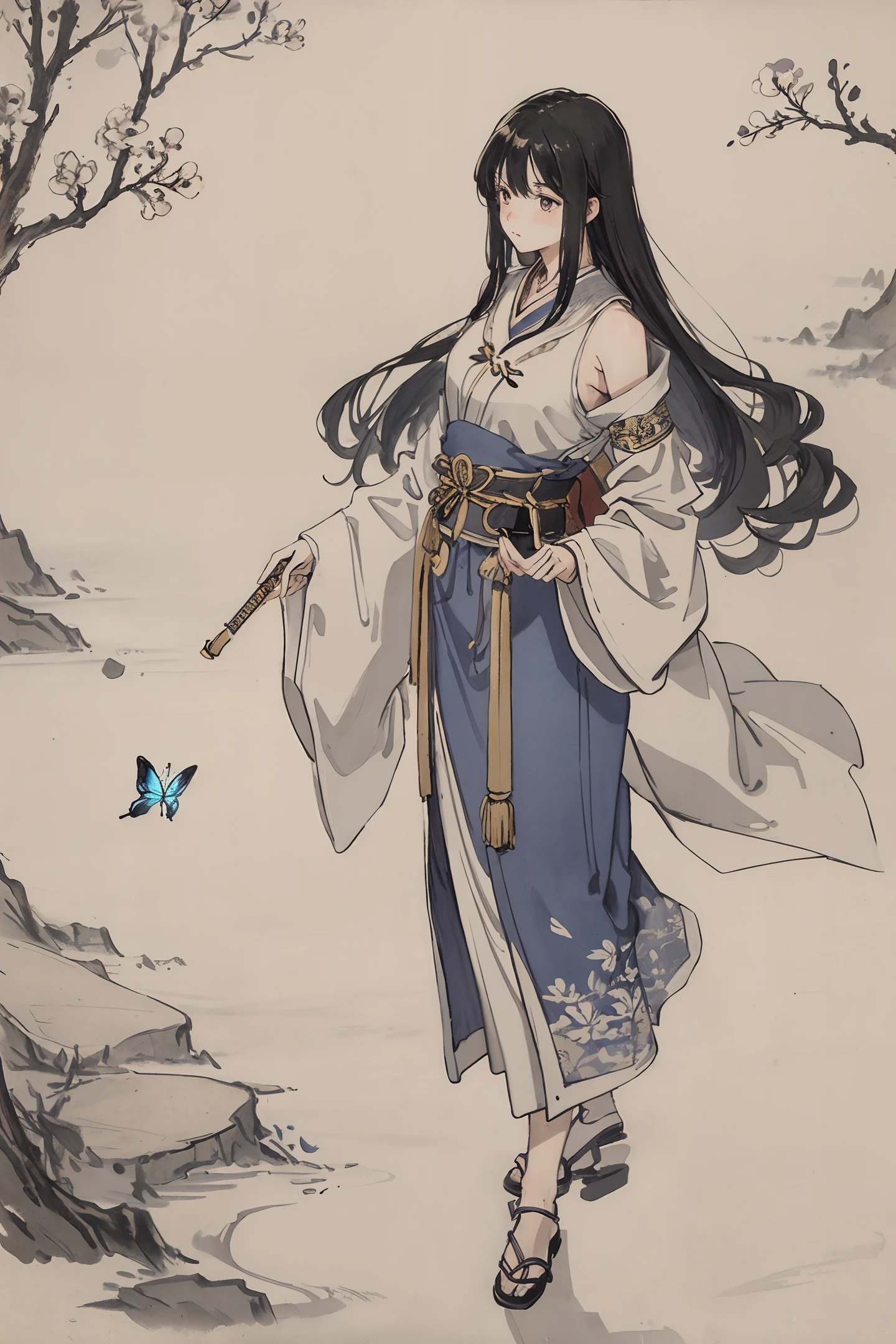 An extremely delicate and beautiful ancient girl, world masterpiece theater, ultra-detailed, highly detailed, best quality, black hair, shoulder-length hair, long hair, high resolution, one girl, best quality, ink illustration, the girl is playing Guqin with her hand, ink blue line art, golden glow outlines long hair, ink landscape background of trees and flowers, with butterflies flying around, canvas, oil painting, realistic, realism, real、