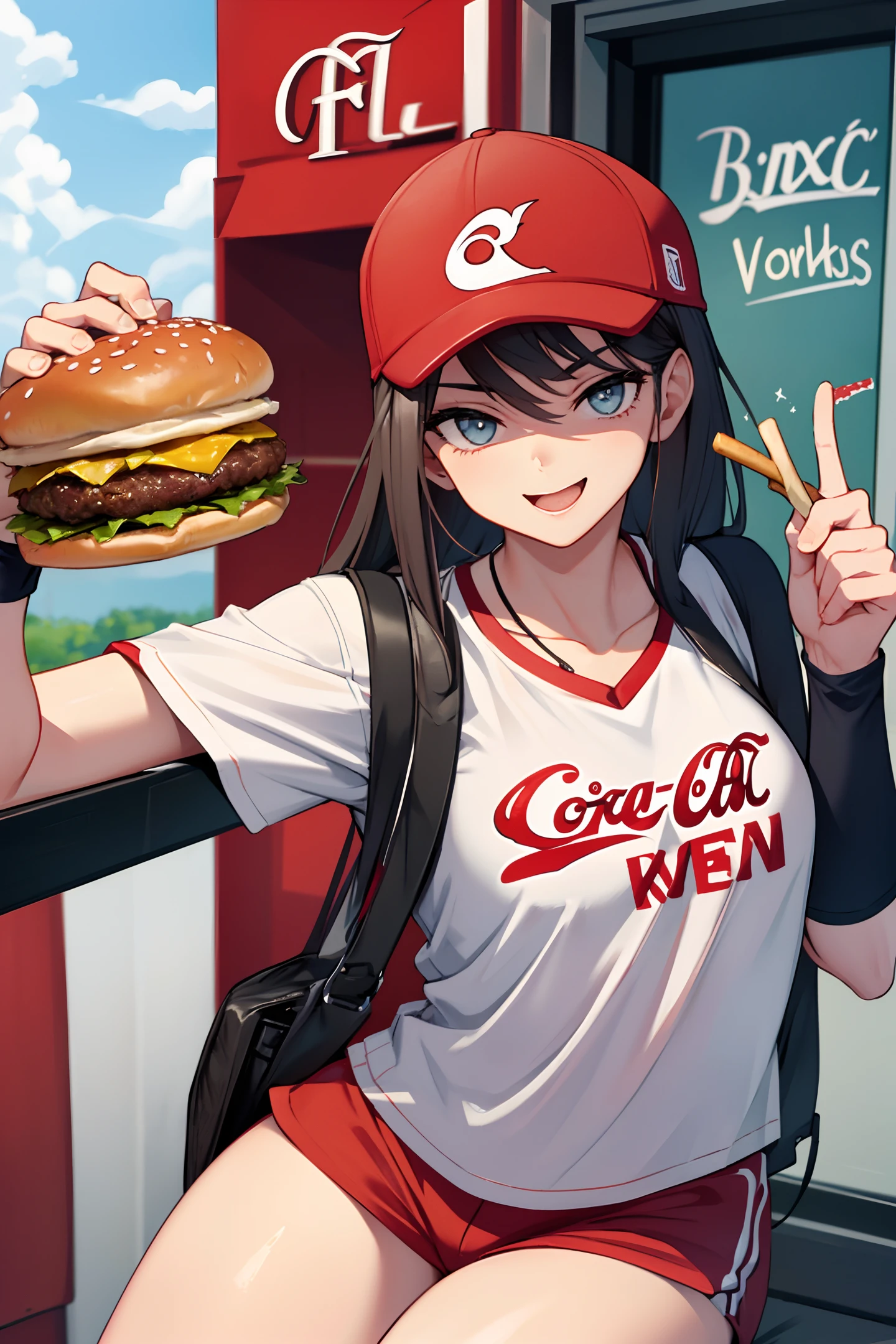 Wearing a baseball cap with the logo is KFC, holding a hamburger and a coke in his hand, with a wink expression