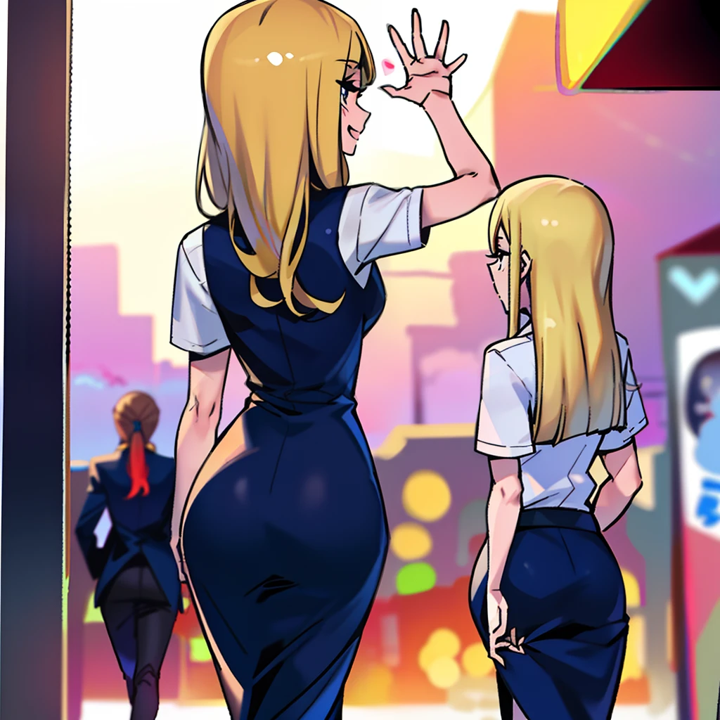 Blonde girl, off work with friends, back view waving goodbye,