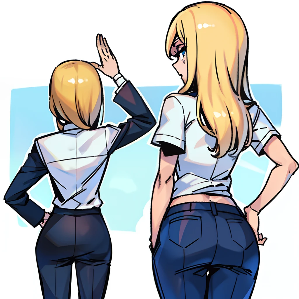 Blonde girl, off work with friends, back view waving goodbye,