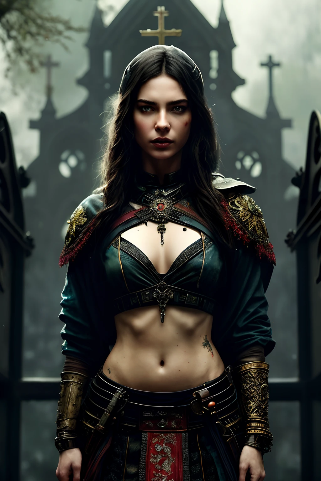 beautiful (swedish:1.3) wearing stunning outfit, (insanely detailed:1.5), light particle, (mist on the floor:1.2), ((solo)), (highest quality, Alessandro Casagrande, Greg Rutkowski, Sally Mann, concept art, 4k), (colorful), (high sharpness), ((detailed pupils)), red eyes, ((painting:1.1)), (digital painting:1.1), detailed face and eyes,Masterpiece, best quality, highly detailed photo:1, 8k, detailed face,photorealistic, dark and gloomy,By jeremy mann, by sandra chevrier, by maciej kuciara, ((small Breast)),((samurai)), sharp, ((perfect body)), realistic, real shadow, 3d, ((full body)), ((dark and gloomy church background:1.2)), (by Michelangelo)