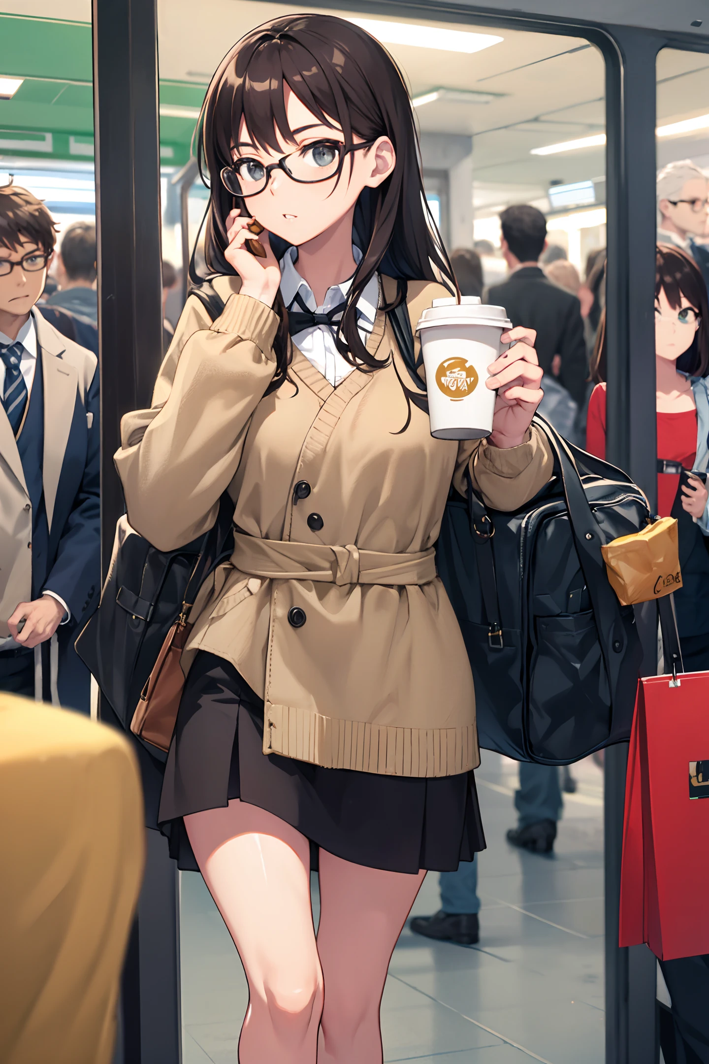  Crowded subway, rushing to work, wearing glasses, coffee in hand, and bag