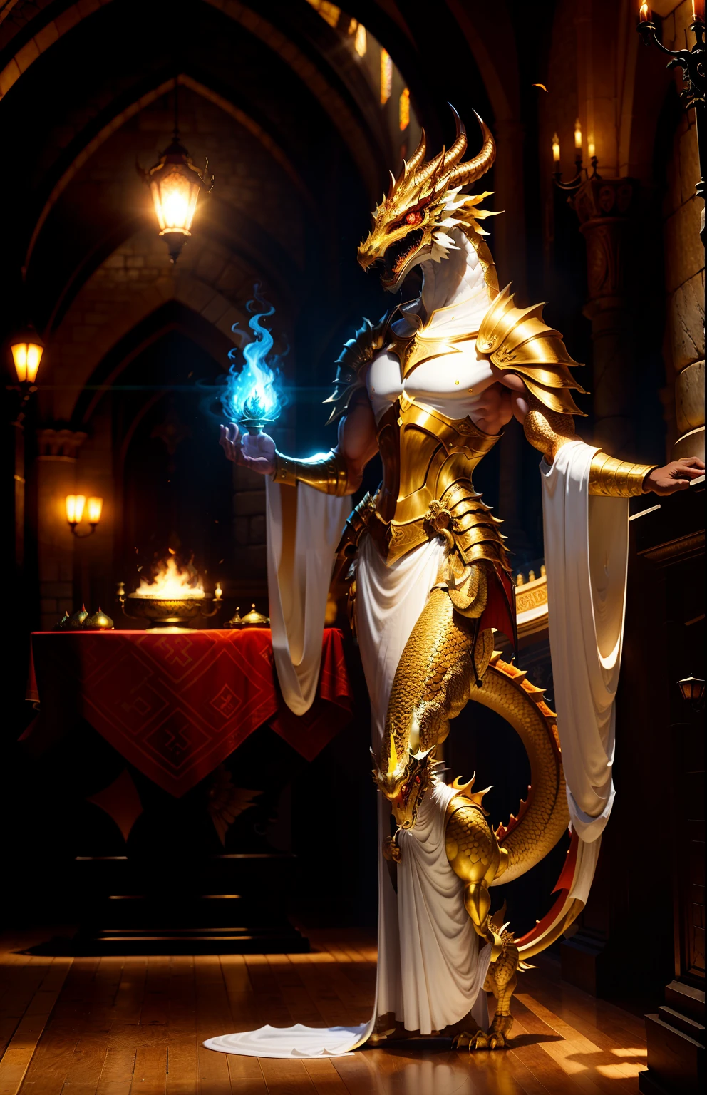 Masterpiece, (super fine), (animal anthropomorphism), religious theme, bronze dragon, sexy, white robes, sunlight, medieval town, highest quality, solo focus, (stingy: 1.1), Holy Light, full body, complex (high detail: 1.1) Unreal engine, fire red eyes,Bronze-colored scales covering the skin,chest and underarms are bronze scales,big chest,small head,No tail.