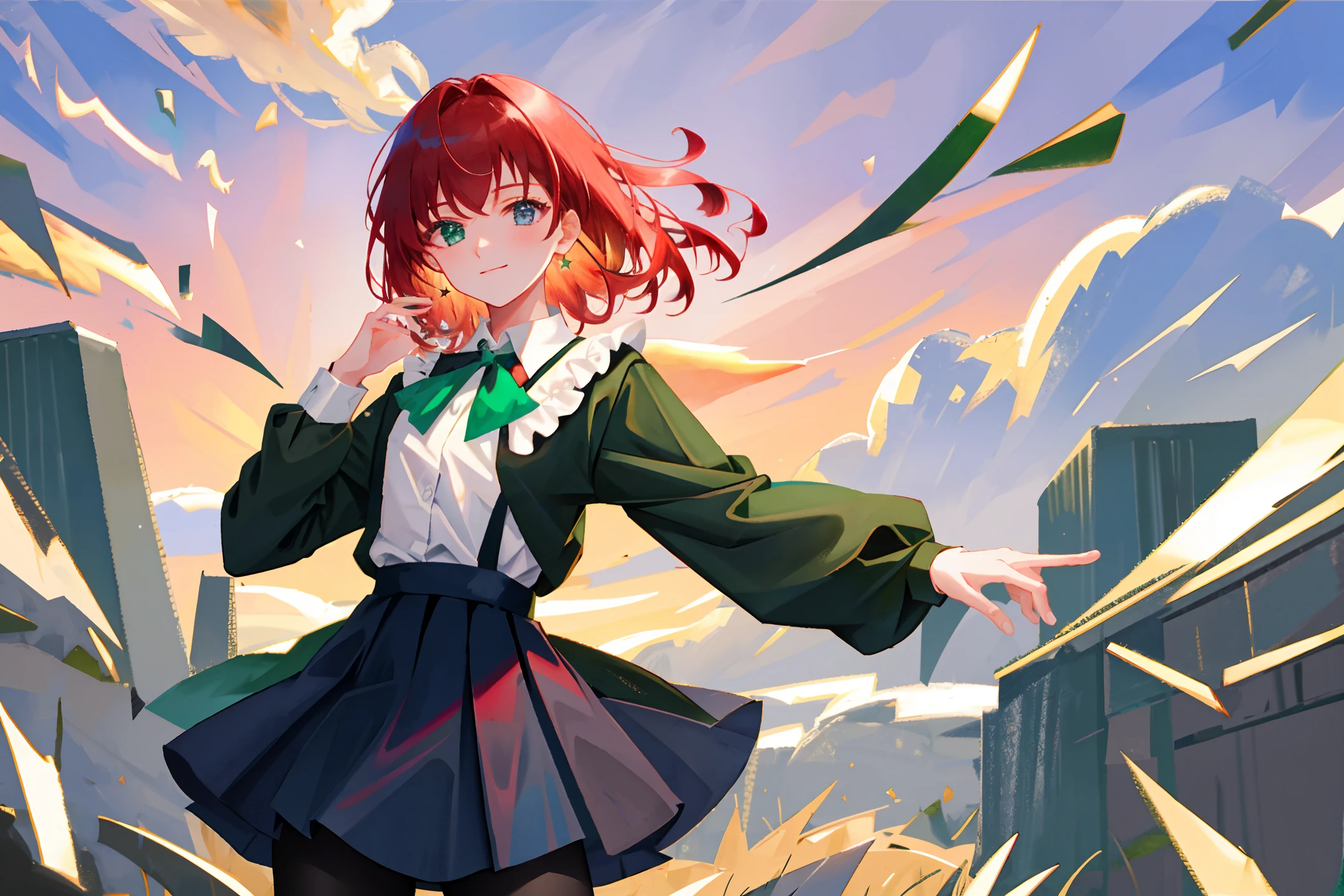 1 girl, green eyes(2.0), solo, smile, pantyhose, shirt, skirt, long sleeve, whole body, looking at the audience, blue skirt, black pantyhose ribbon, bangs, standing, neck strap, black shoes, purple eyes, closed mouth, collared shirt, blush, frilly skirt, boots, back-up outfit, green tie, red hair, collared shirt, bow, green bow, hair bow, Bangs, portraits, short hair, parted lips, stars (sky), gradient background, gradient, upper body, sky, medium hair, shiny hair, starry sky, shiny, ribbon