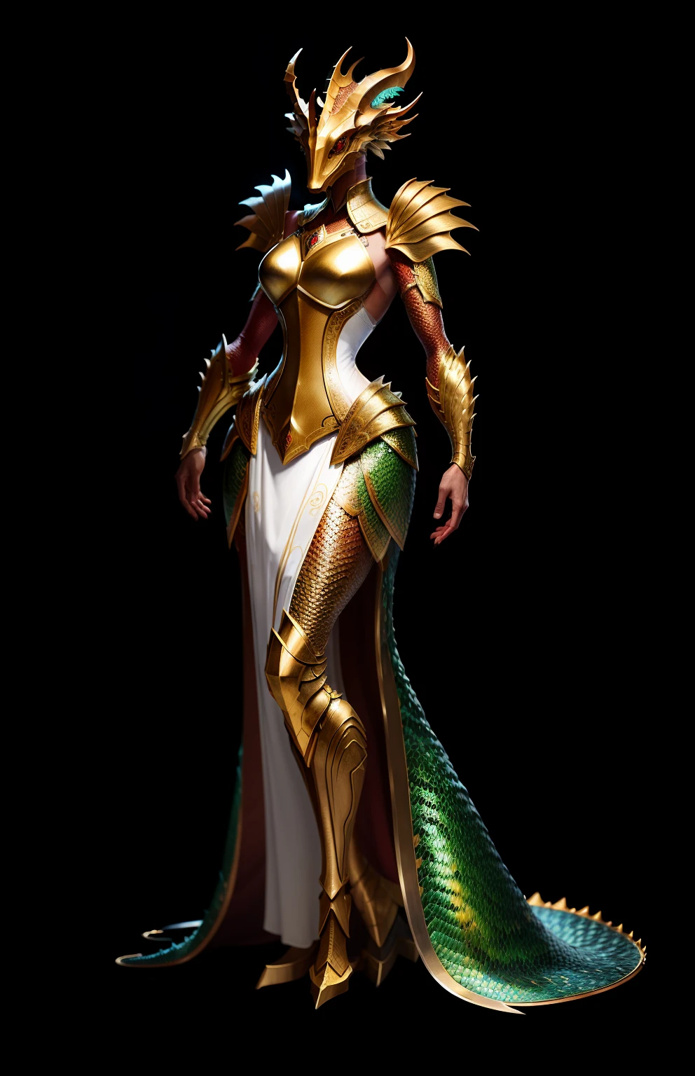 Masterpiece, (super fine), (animal anthropomorphism), religious theme, bronze dragon, sexy, white robes, sunlight, medieval town, highest quality, solo focus, (stingy: 1.1), magic, full body, complex (high detail: 1.1) Unreal engine, fire red eyes，Bronze-colored scales covering the skin，Female，small head，No tail，Bronze-colored scales，No armor,cute head.
