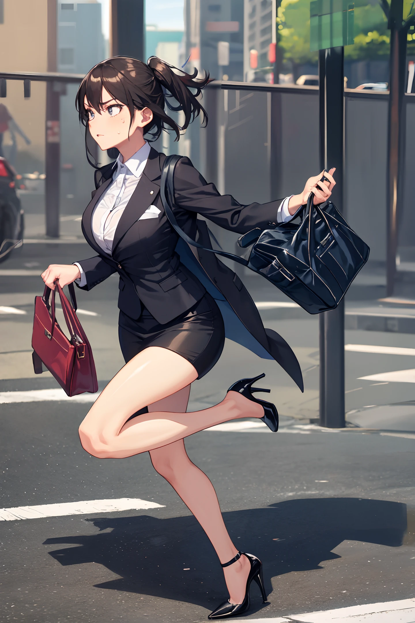 business attire,High heels, running anxiously on the road, sweating, holding a bag, running late