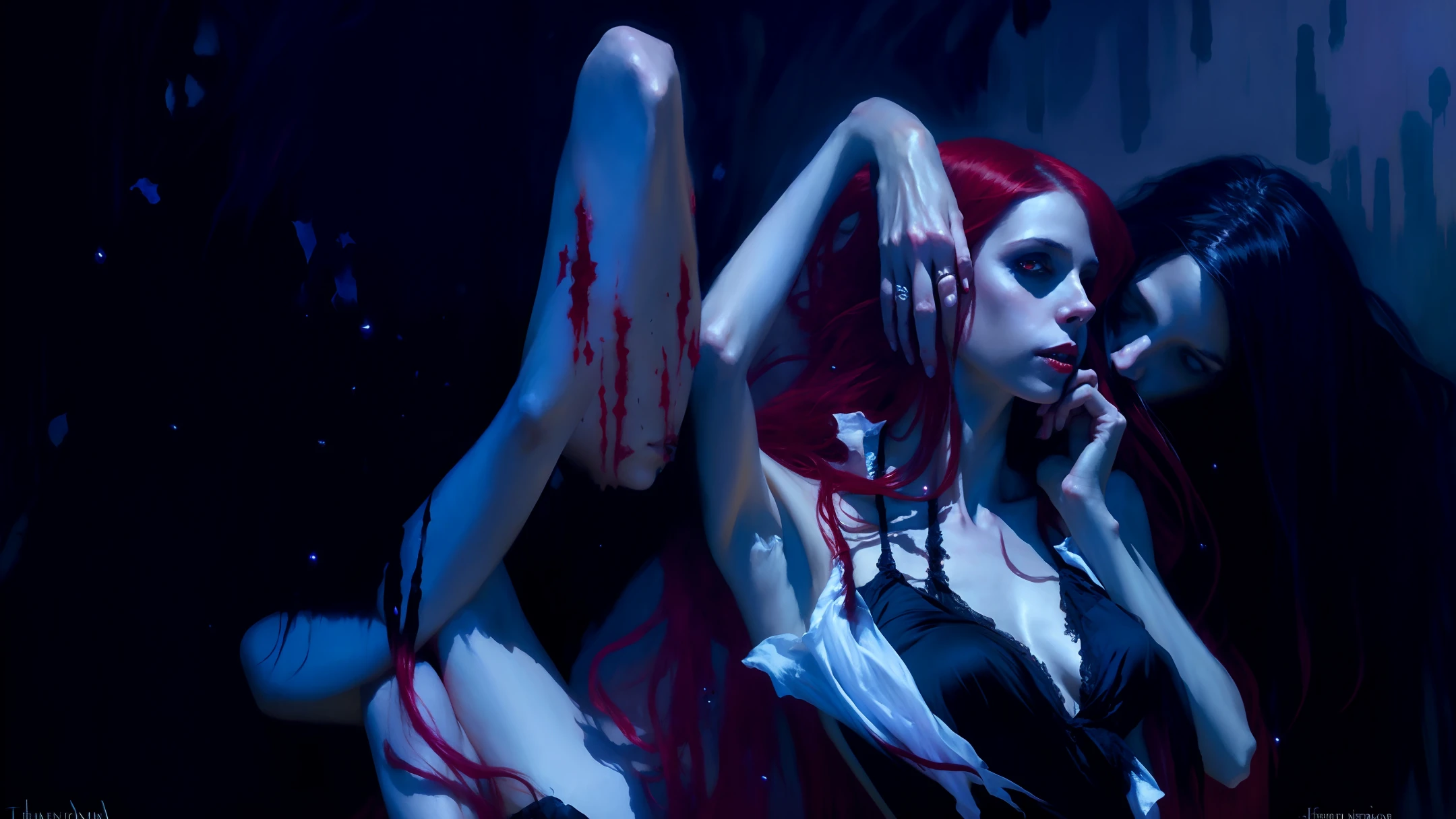 Goth, night, female vampire, black slip dress, long red hair, 2 meters long red hair covering the body, red eyes, orgasmic face,Steve Henderson Fabian Perez Henry Asencio Jeremy Mann Marc Simonetti fantasy magical horror atmosphere