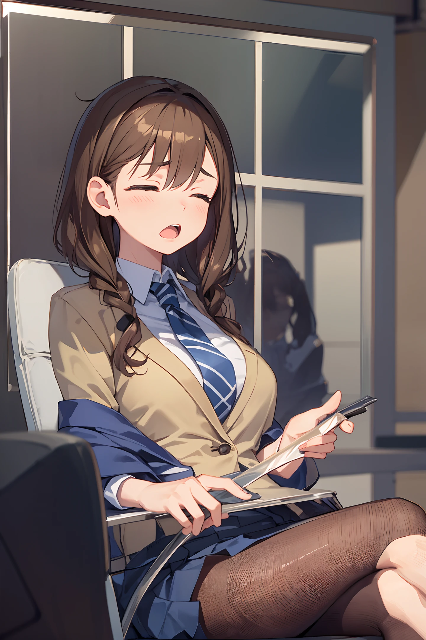 Conference room, meeting with many people, a girl is sleepy and yawning