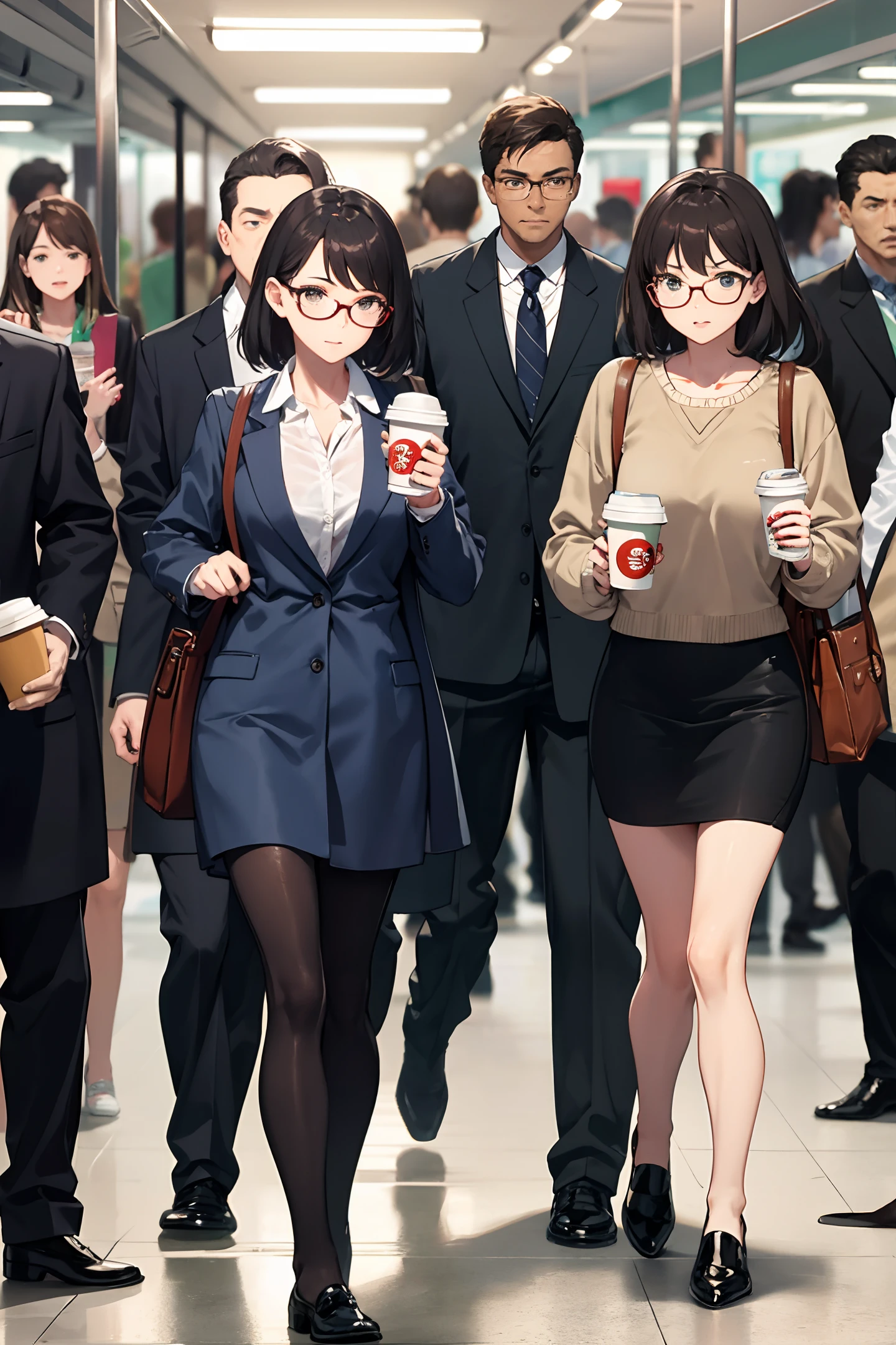Crowded subway, rushing to work, wearing glasses, coffee in hand, and bag