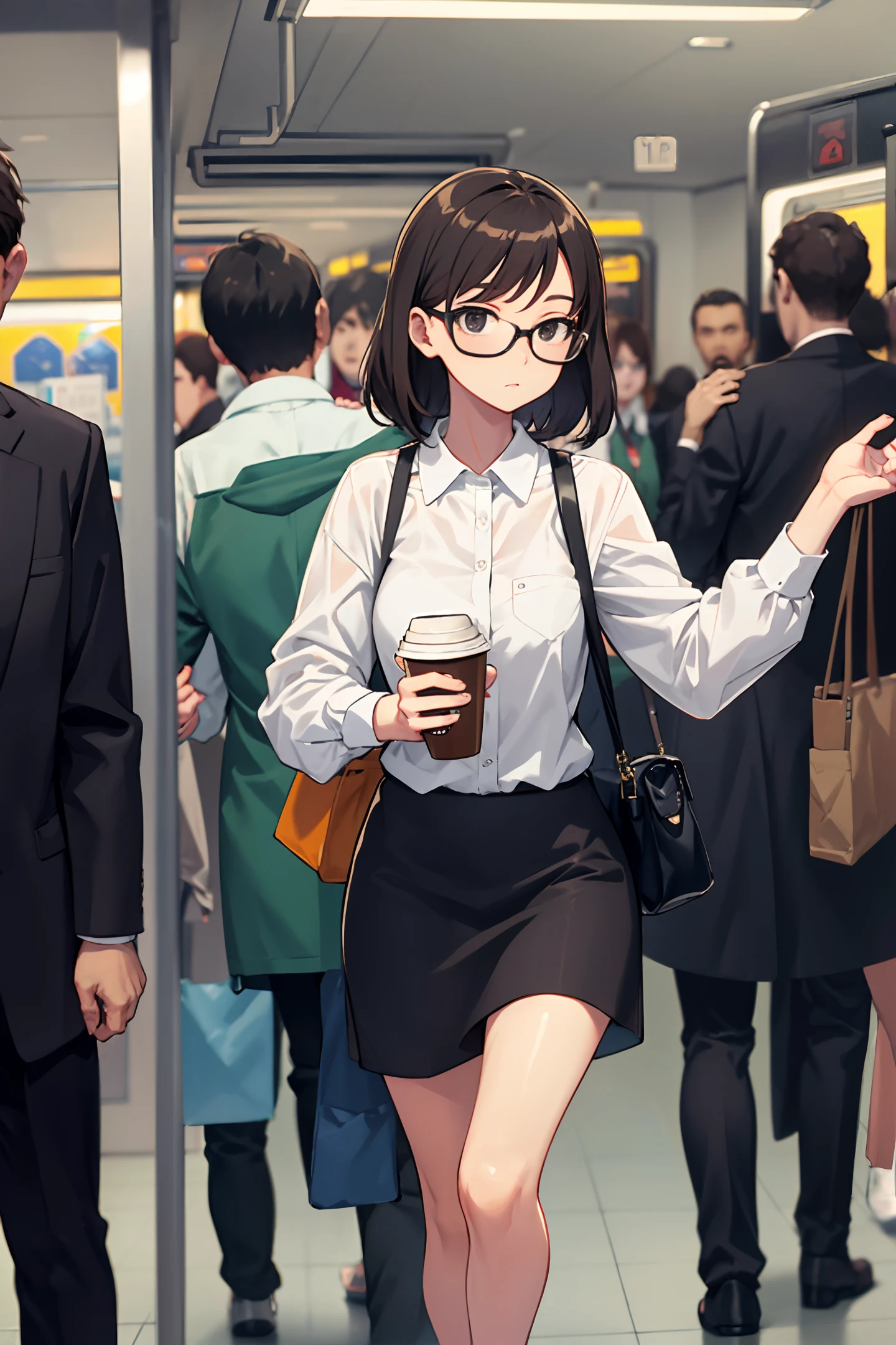 Crowded subway, rushing to work, wearing glasses, coffee in hand, and bag