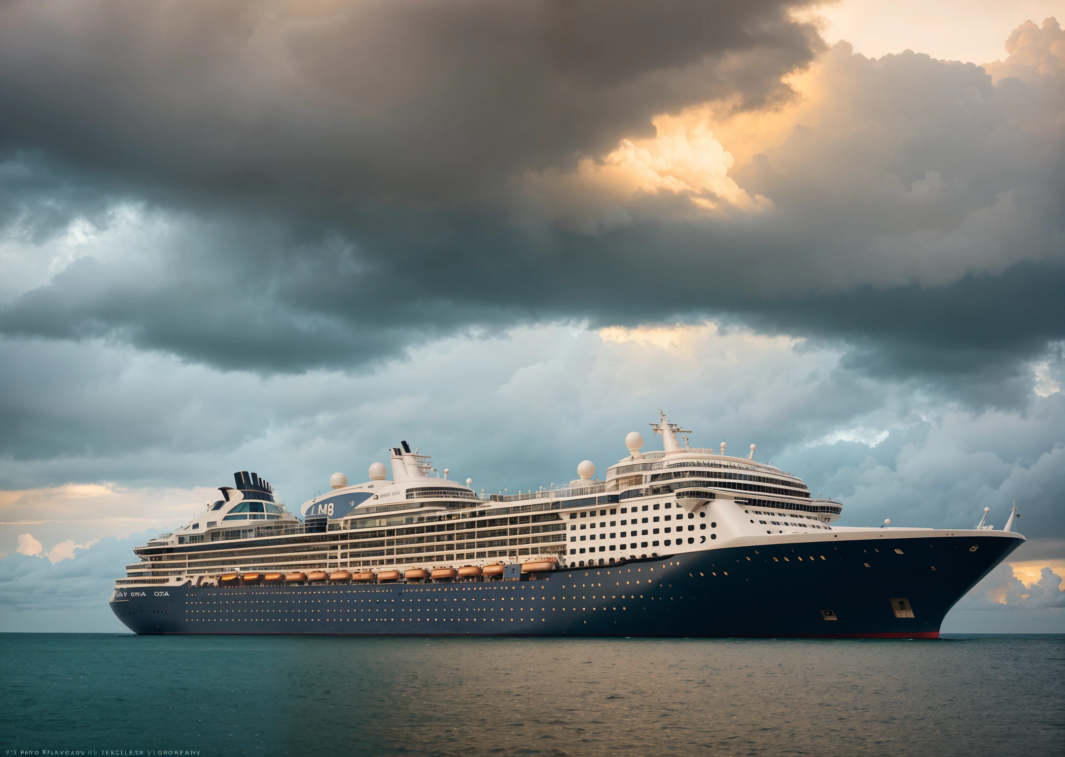 dramatic lighting, highest quality, Cinematic film still, (storm clouds:0.7), (stormy weather:0.5), dull, natural lighting, (direct light:0.4), 8mm film grain, photographed on a Sony a9 II, 24mm lens, F/2.8 aperture, deep focus, (RAW), 8k, Ocean going cruise ships, Western style restaurants on deck