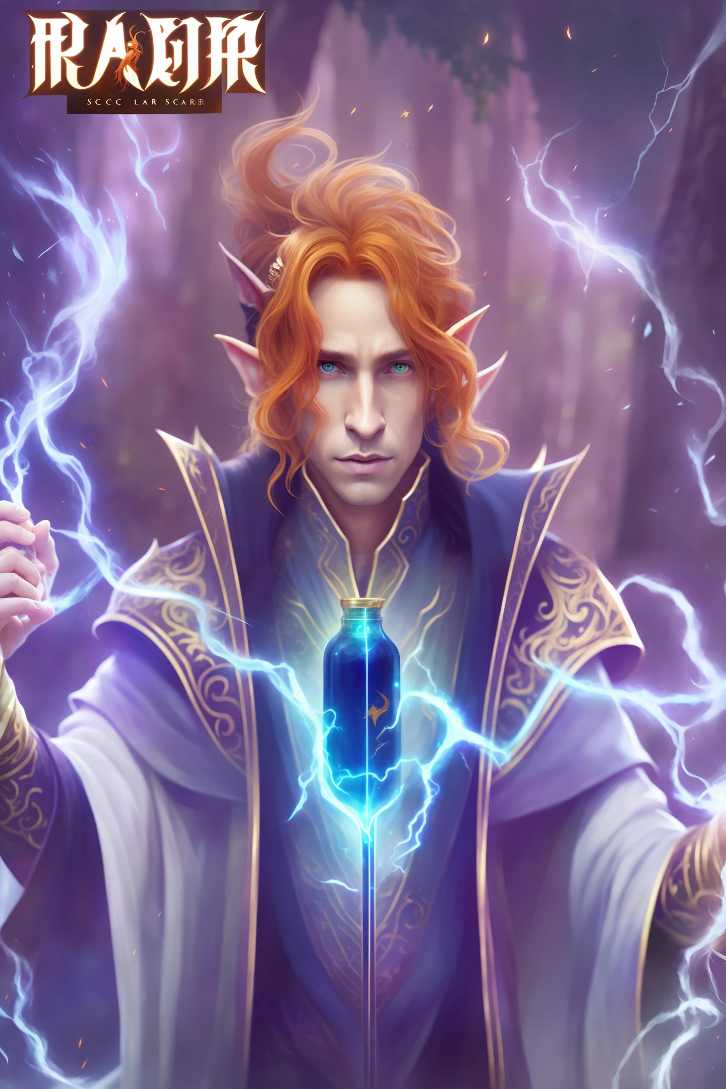 HD, Painted, Beautiful, Stunning, Portrait, Looking Sideways, Character, Concept Art, Male Elf Sorcerer, Half-Elf, Orange Bronze and Leather Armor, Kind, Long Curly Yellow Hair, Holding a Bottle