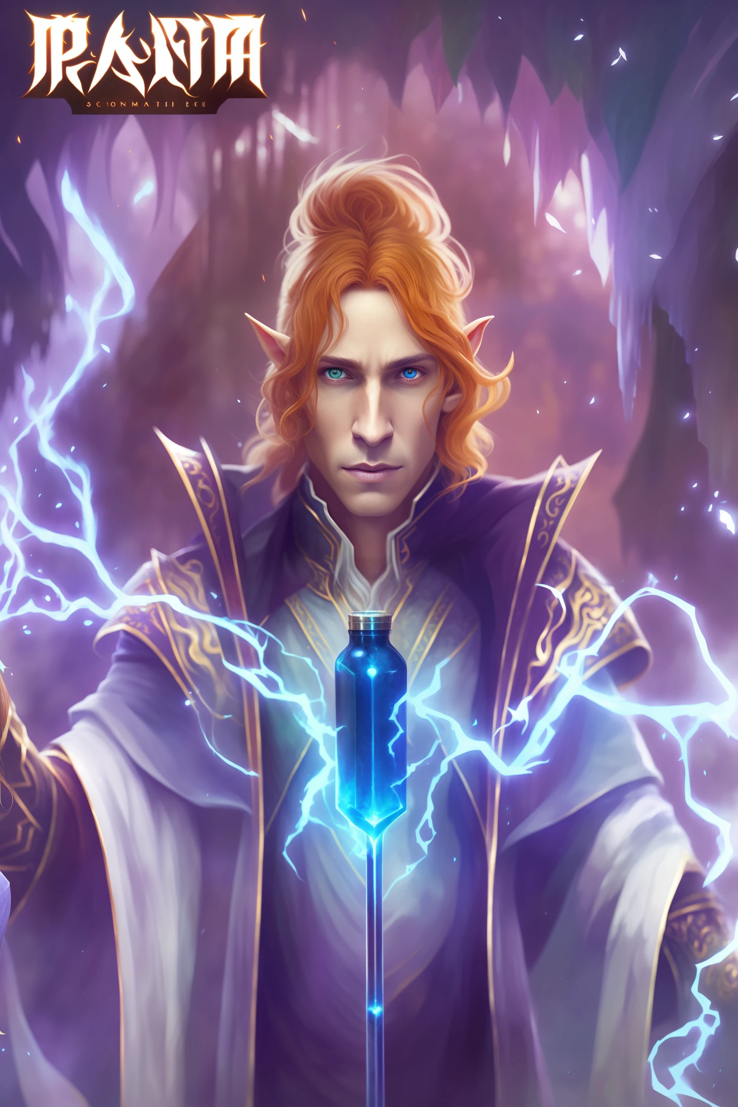 HD, Painted, Beautiful, Stunning, Portrait, Looking Sideways, Character, Concept Art, Male Elf Sorcerer, Half-Elf, Orange Bronze and Leather Armor, Kind, Long Curly Yellow Hair, Holding a Bottle