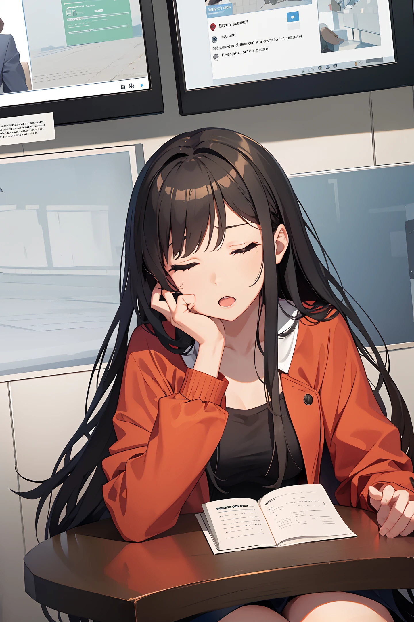 Conference room, meeting with many people, a girl is sleepy and yawning，best quality, hyper detailed, masterpiece, 