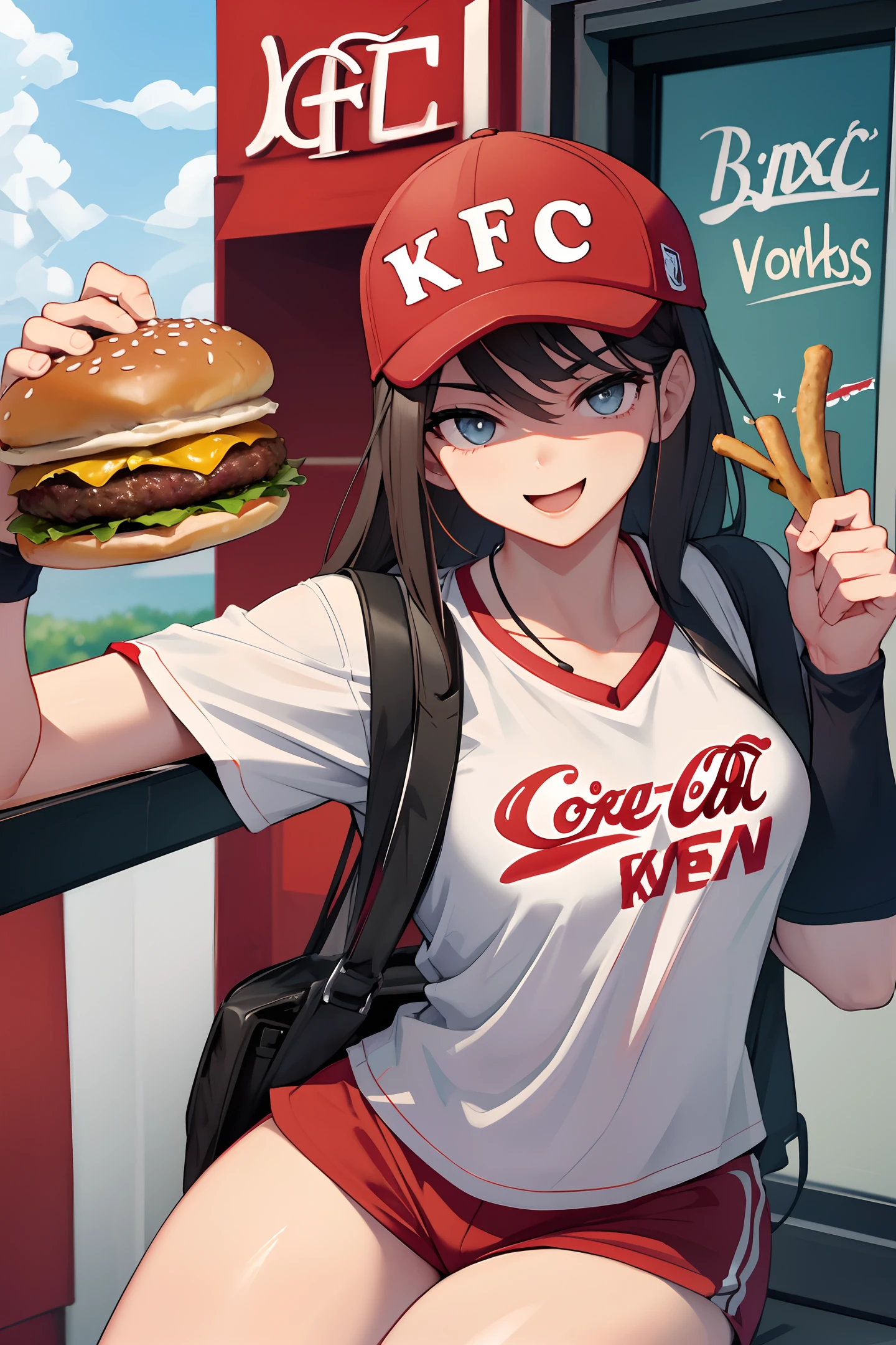 Wearing a baseball cap with the logo is KFC, holding a hamburger and a coke in his hand, with a wink expression