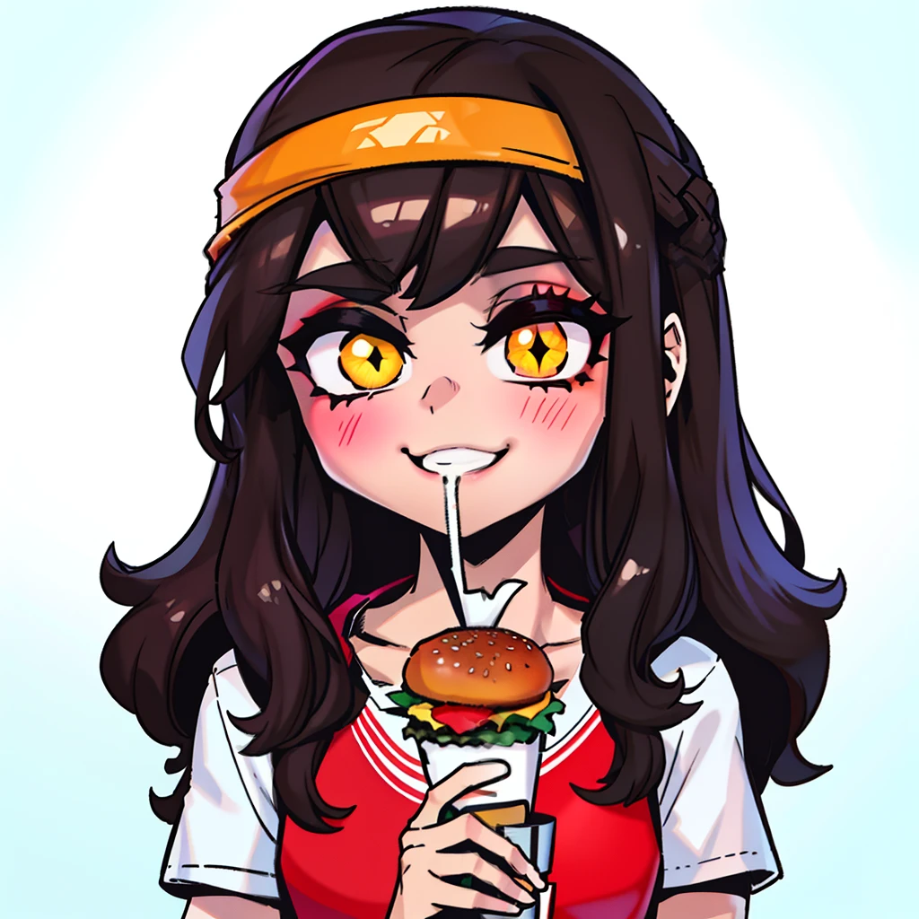 "The girl eating a burger from KFC has a head of soft and curly brown hair, wearing a bright headband that adds to her lively and cute appearance. Her face is round and adorable, with fair skin and a slight rosy tint that gives off a healthy glow. She is dressed in a loose printed T-shirt and denim shorts, comfortable and carefree. Holding the burger from KFC in her hand, she gently opens her small mouth, revealing her neat and white teeth, savoring every delicious bite with a satisfied expression written all over her face."