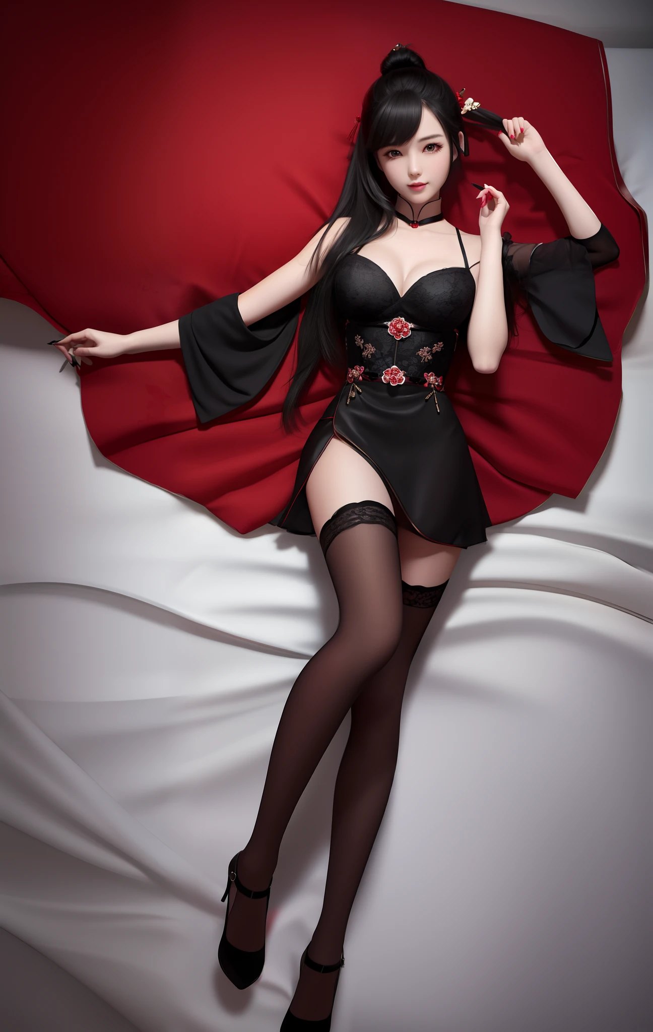 "Stay in bed", Chinese style, 1girl, solo, an emphasis on femininity through black stockings (x1.2). Strike an erotic and provocative pose, revealing a short skirt (x1.2), and confidently look at the viewer, full body, detailed face, high quality, 4k wallpaper, HDR, detailed eyes, detailed limbs, masterpiece faces