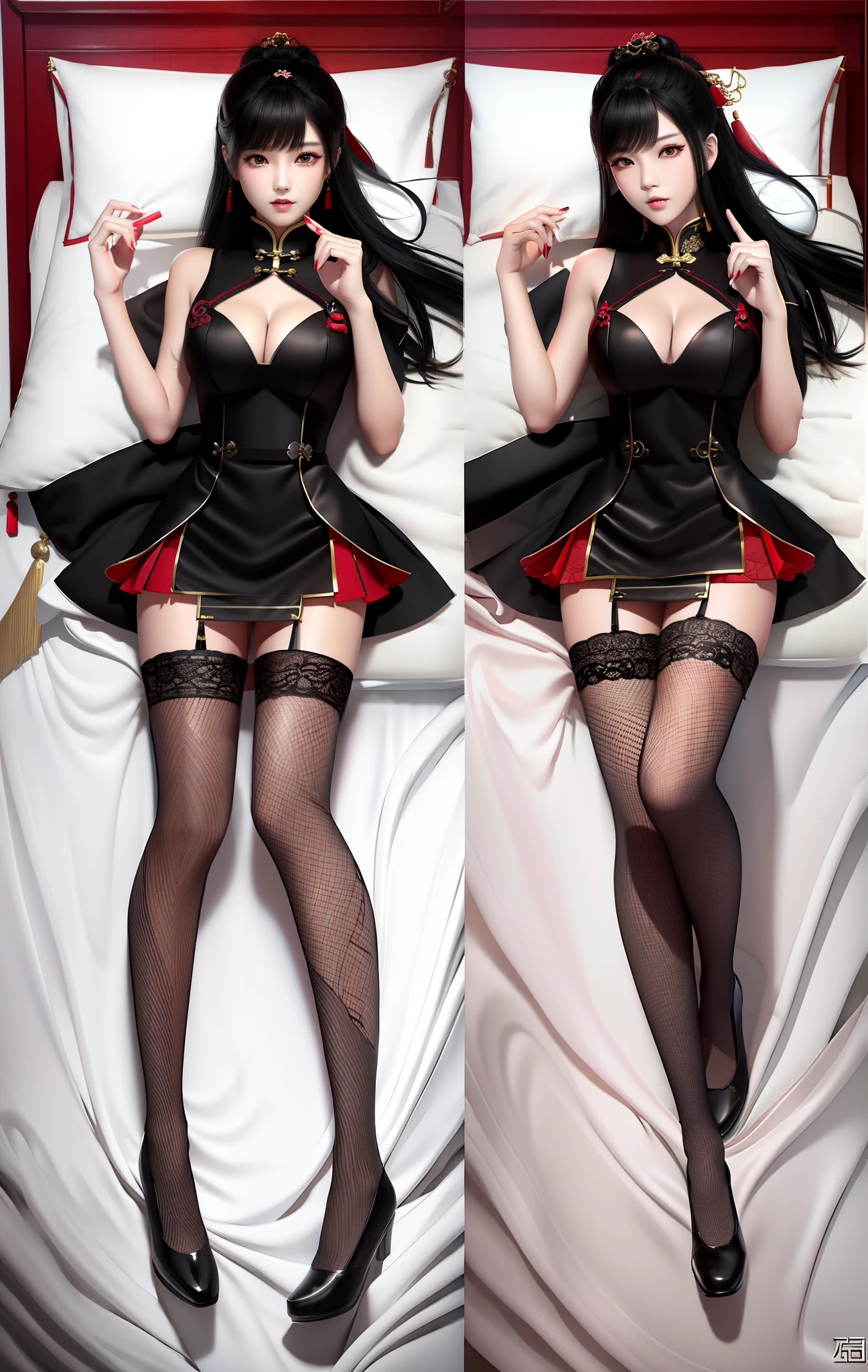 "Stay in bed", Chinese style, 1girl, (solo), with an emphasis on femininity through black stockings (x1.2). Strike an erotic and provocative pose, revealing a short skirt (x1.2), and confidently look at the viewer, full body, detailed face, high quality, 4k wallpaper, HDR, detailed eyes, detailed limbs, masterpiece faces