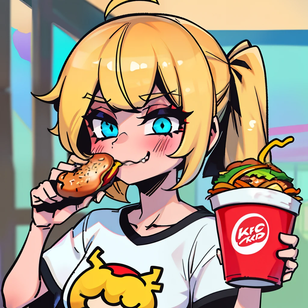 "The girl eating a big burger from KFC has a blond hair,cute. She is dressed in a loose printed KFC T-shirt, Holding the burger from KFC in her hand, drooling with greedy expression,