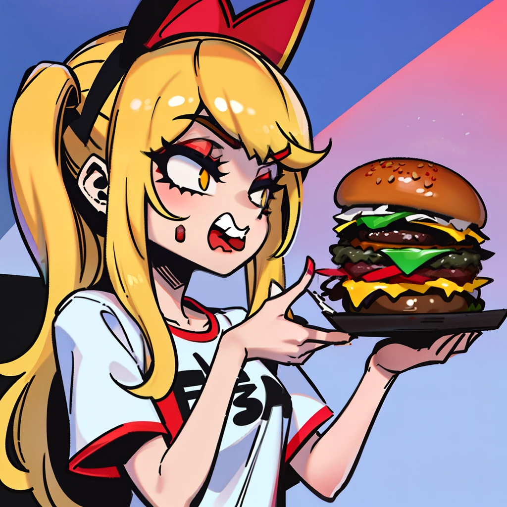 "The girl eating a burger from KFC has a blond hair, wearing a bright headband that adds to her red and cute appearance. Her face is round and adorable, with fair skin and a slight rosy tint that gives off a healthy glow. She is dressed in a loose printed KFC T-shirt and denim shorts, comfortable and carefree. Holding the burger from KFC in her hand, drooling with greedy expression，drooling with greedy expression
