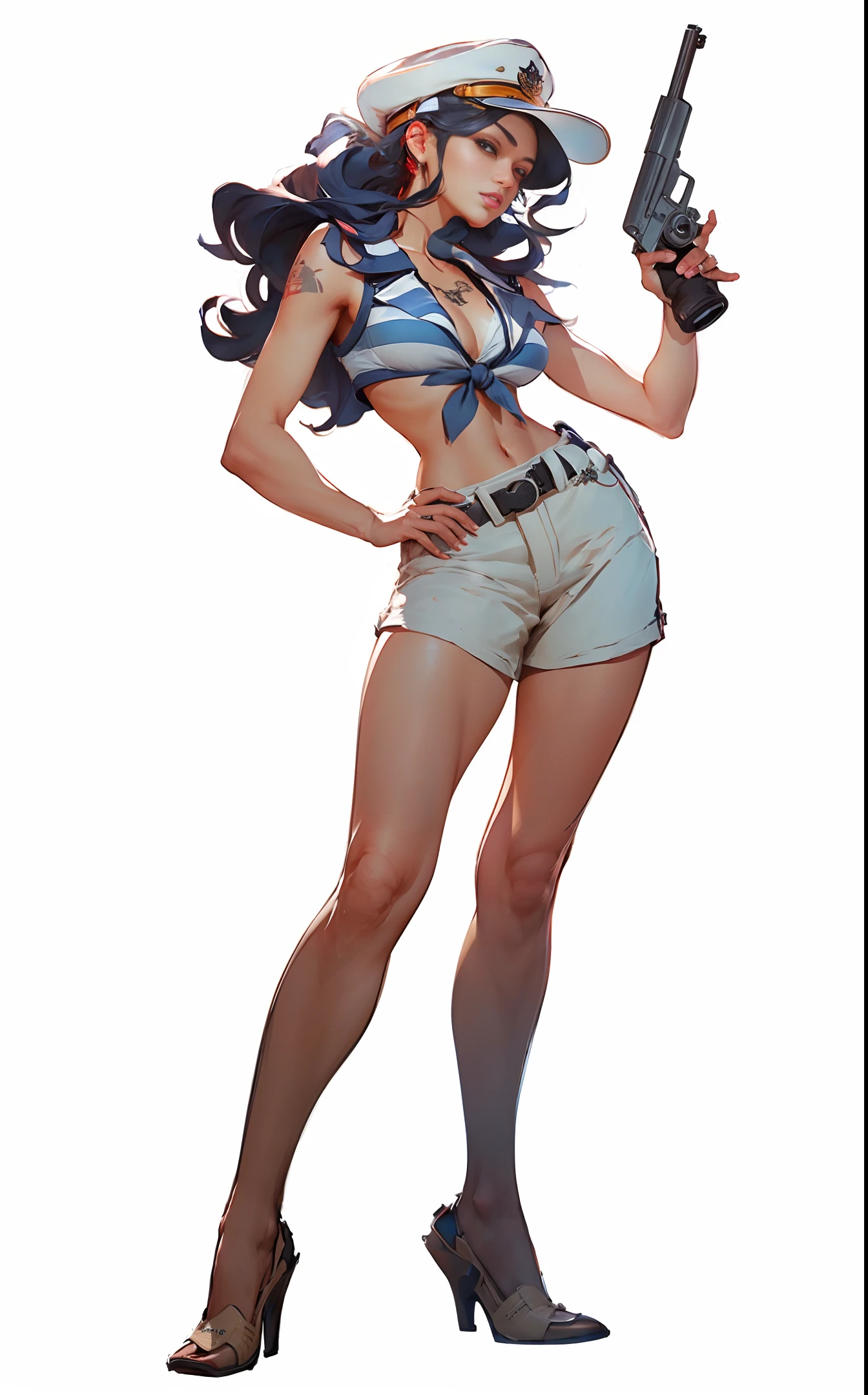 realistic character design, Design Sheet,full body，A female sailor, wearing a white striped T-shirt and a sailor hat, holding a gun in her hand, realistic textures,head facing forward, eyes looking forward, marine element, cut head, shorts, fashion, showing more skin, showing feet, sunglasses , diving watch, binoculars, a few blue tattoos, realistic textures,by artgerm, high detail on the face, mild wasteland, 3drender,ZBrush, cute animestyle, OctaneRender，bright light,intricate ornateanime cgi style,full body，