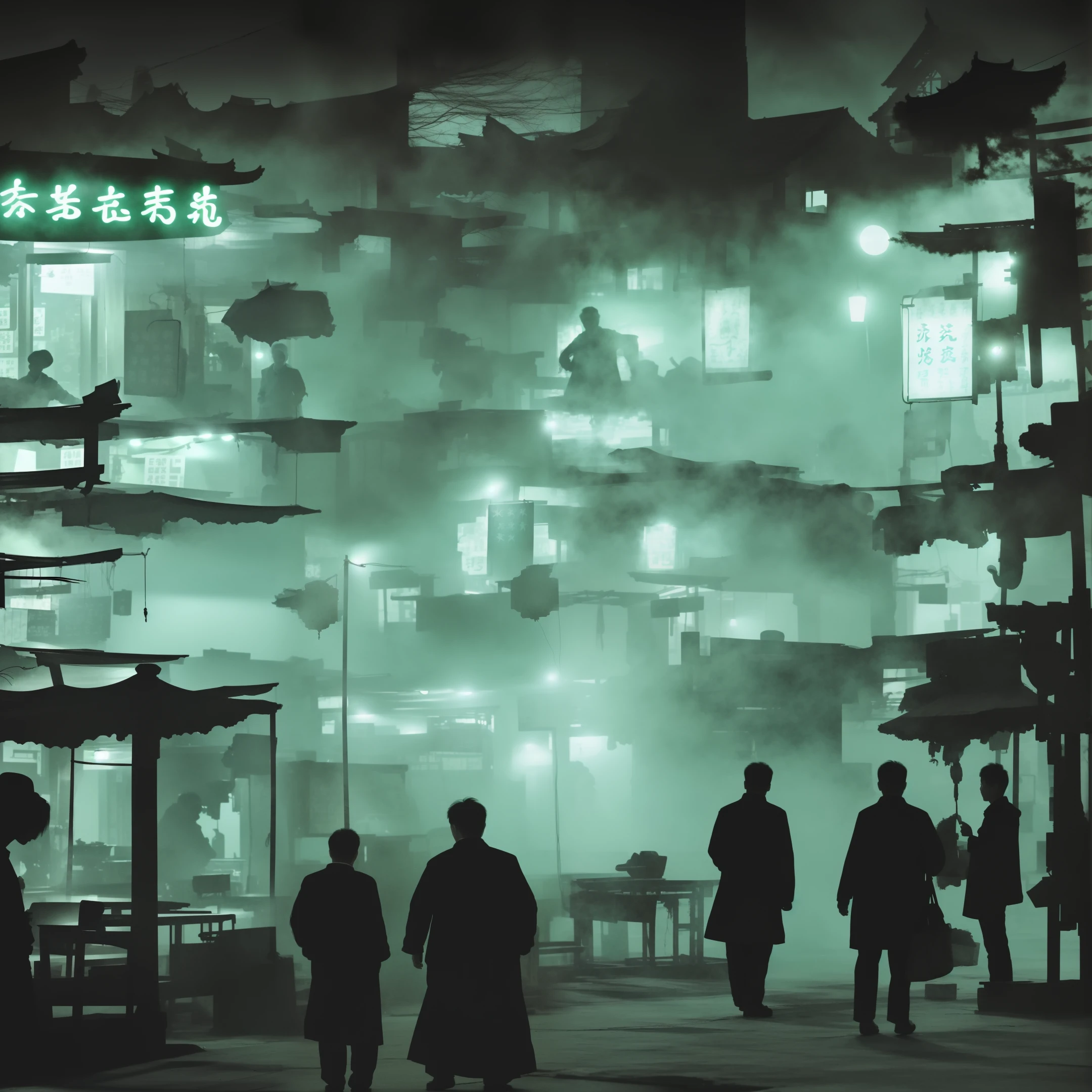 china ghost from "Strange Stories from a Chinese Studio", green smoke, chinese neon signs, restaurant,dark mood,Beautiful woman pulling a man, heading for the grave