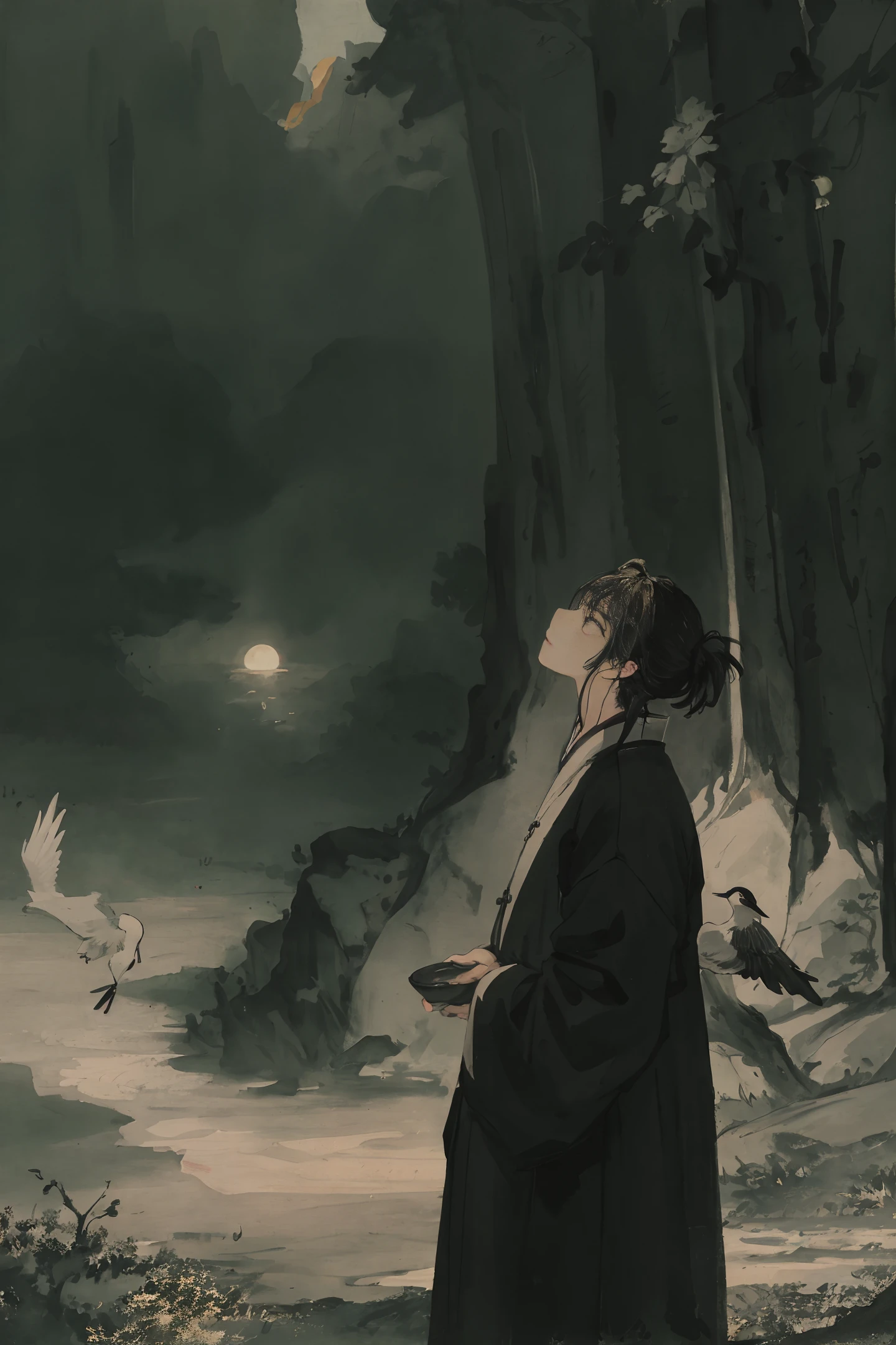 masterpiece, best quality, a handsome, mysterious boy,an extremely delicate and mysterious ,the feet are auspicious clouds, three cranes flew underfoot, sunset, ultra-detailed, highly detailed, best quality,black song dynasty clothes, black hair, highres, extremely detailed,1boy, best quality,look serious, illustration, back to viewer, impasto, canvas, oil painting, fantasism, fantasism,Wine bowl