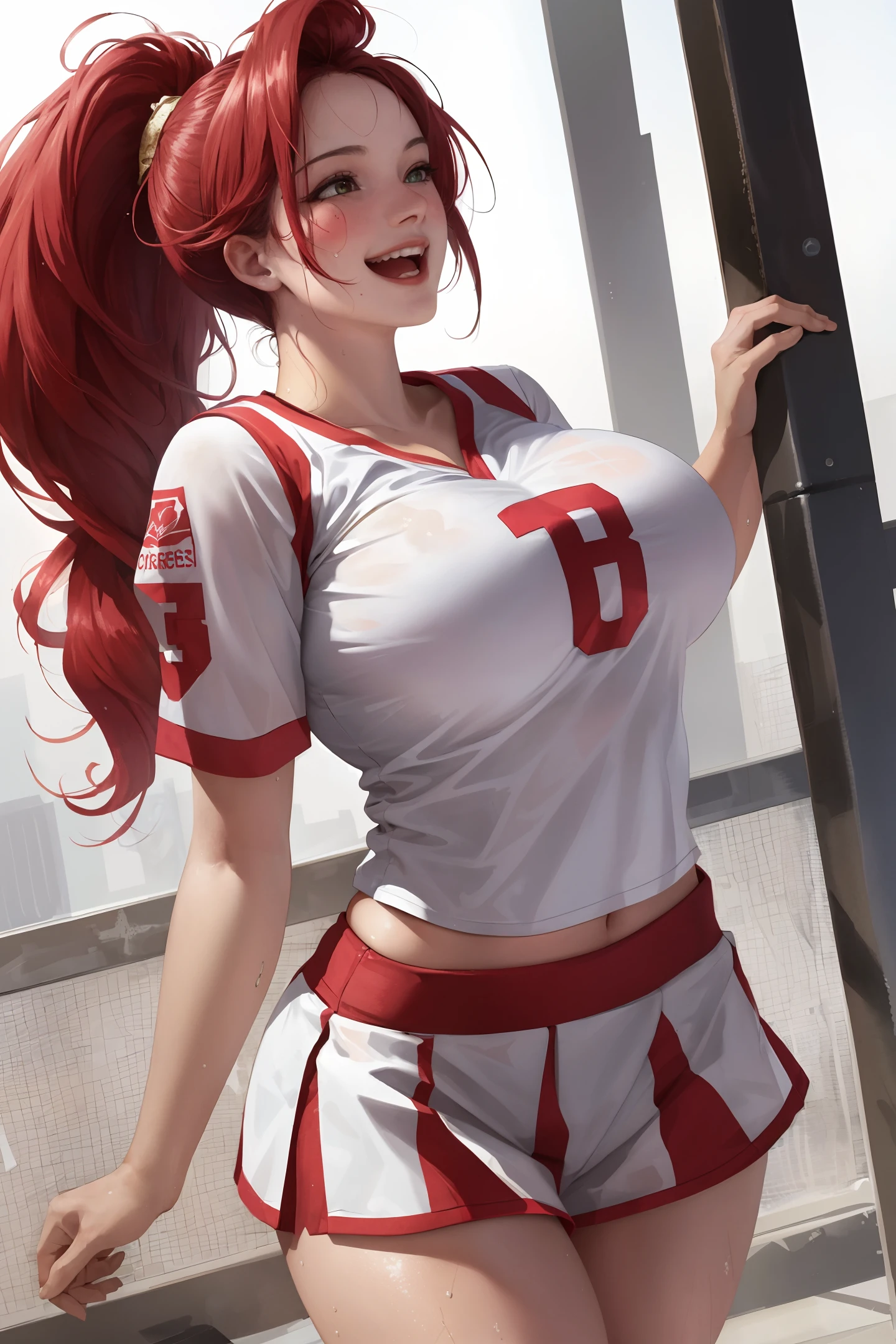 masterpiece:1.2, best quality), realistic, (real picture, intricate details, depth of field), (1girl, solo), make up, parted lips, highly-detailed, perfect face,
(huge breasts:1.5), (skindentation), thick thighs, wide hips, small waist, tall, glossy coral lips,
red hairs, red eyes, ponytail, (laught happily:1.2)
(A girl laughing out loudly, white volleyball uniform), (sweating:1.2), (wet), sexy, blushing,
