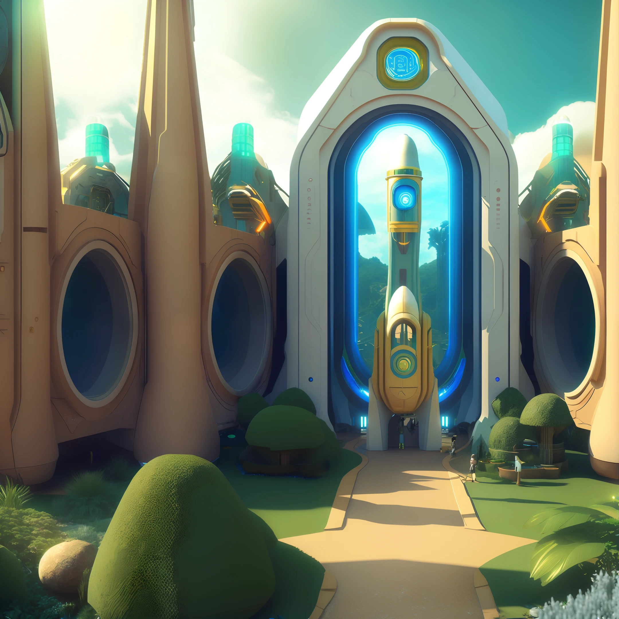 photo (Ecovault:1),A futuristic castle with a rocket as the main body, cartoon, 3D, Disney style, high quality, exquisite