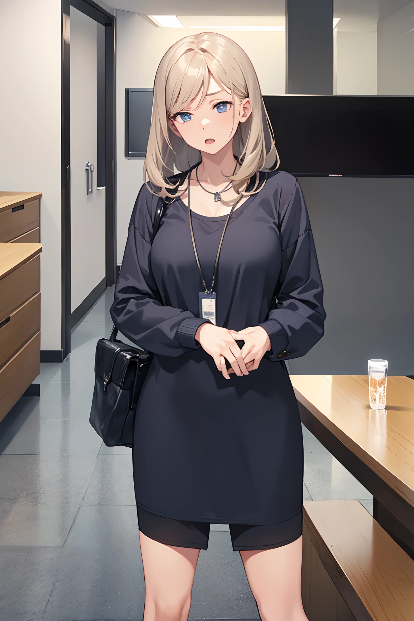 Going to work, conference room, meeting with many people, a girl is sleepy and yawning,