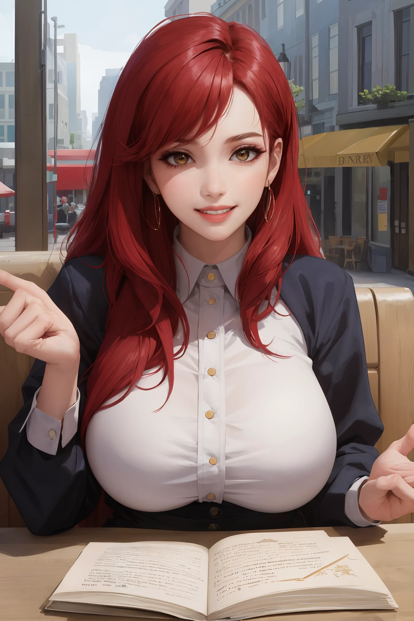 (masterpiece:1.2, best quality), realistic, (real picture, intricate details, depth of field), (1girl, solo), make up, parted lips, highly-detailed, perfect face,
(huge breasts:1.4), (skindentation), thick thighs, wide hips, small waist, tall, glossy coral lips,
red hairs, red eyes, navy blue business suit, sitting at a cafe, (smile happily), looking the audience, sexy, (reading a book), 5 fingers every hands, 