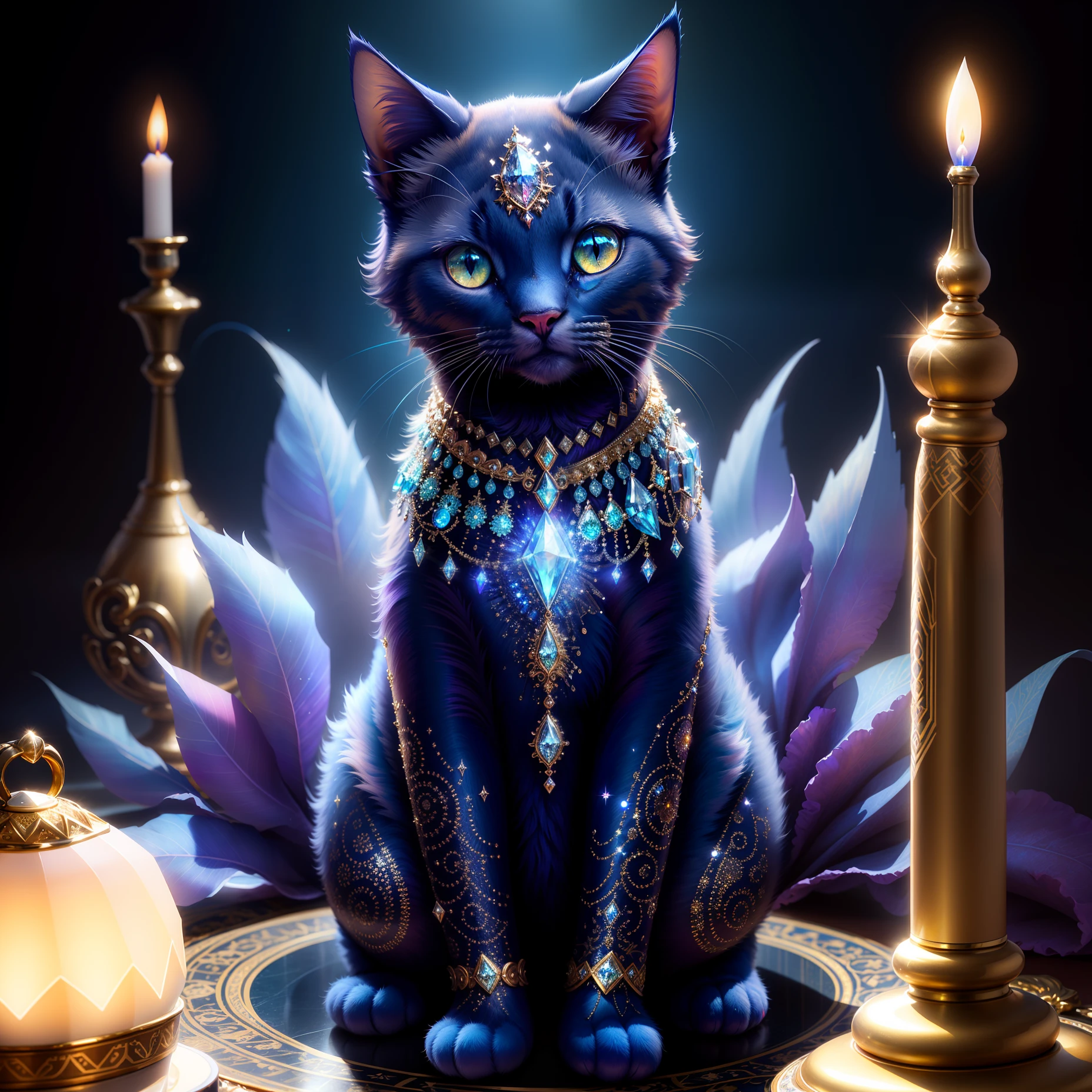 An exquisite masterpiece of a cat, made entirely of glistening diamonds, shining against a dark, mystical background.