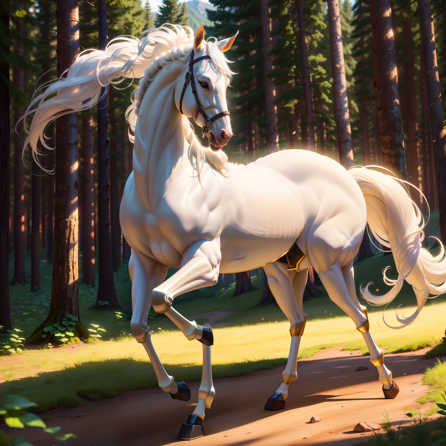 (extremely detailed CG unity 8k wallpaper, masterpiece, best quality, ultra-detailed), best illumination, an extremely delicate and beautiful floating half-human, half-horse creature, dynamic angle, dynamic pose, (1 half-human, half-horse creature), (silver hair:1.2+black hair+white hair), white flowing clothes, (forest glade:1.2|mountainside:0.9), golden hour lighting, Volumetric light, wide shot.