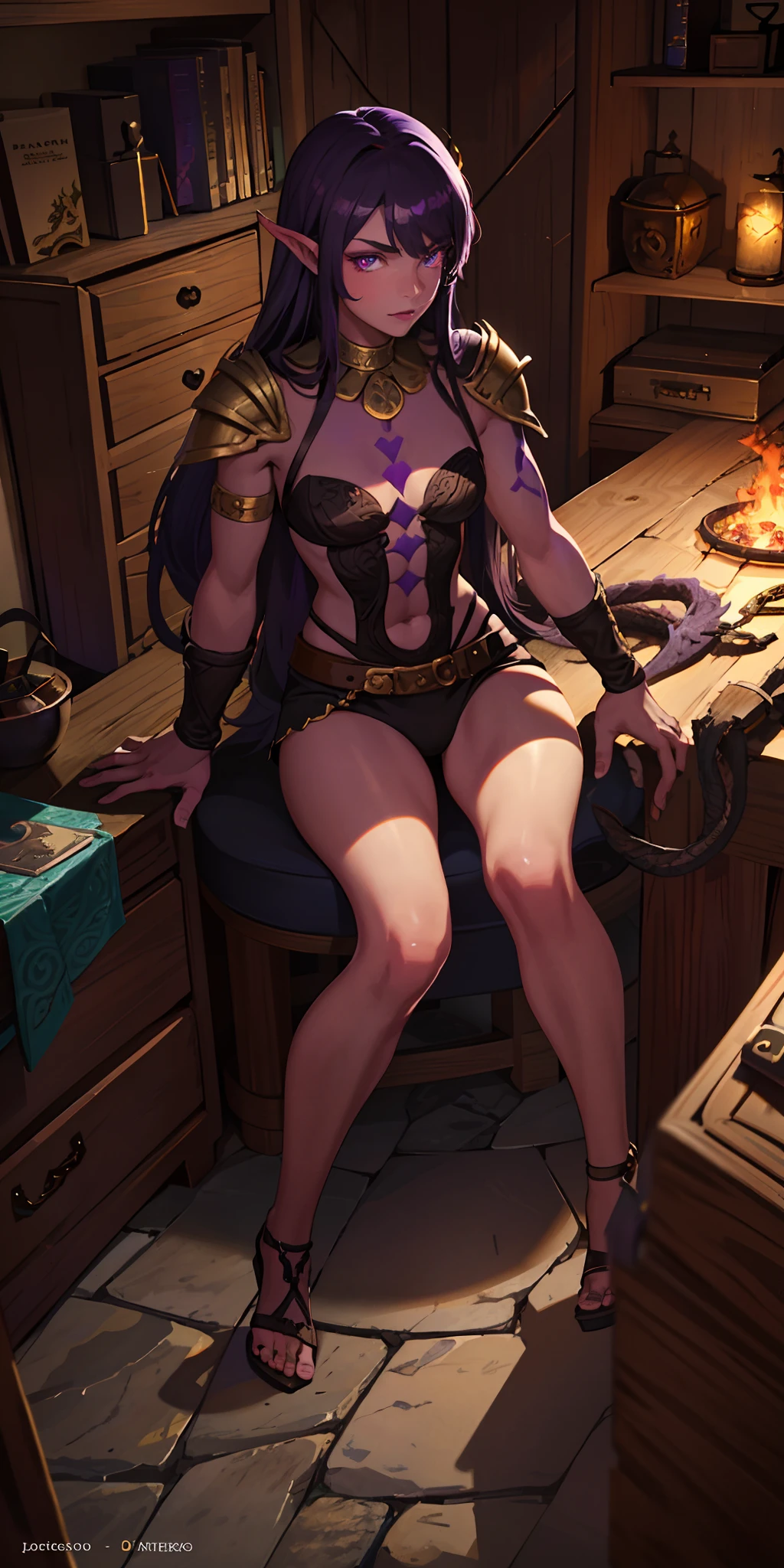 An 18-year-old Dragonborn barbarian from the Dungeons & Dragons world with purple pupils, bronzed complexion and black hair