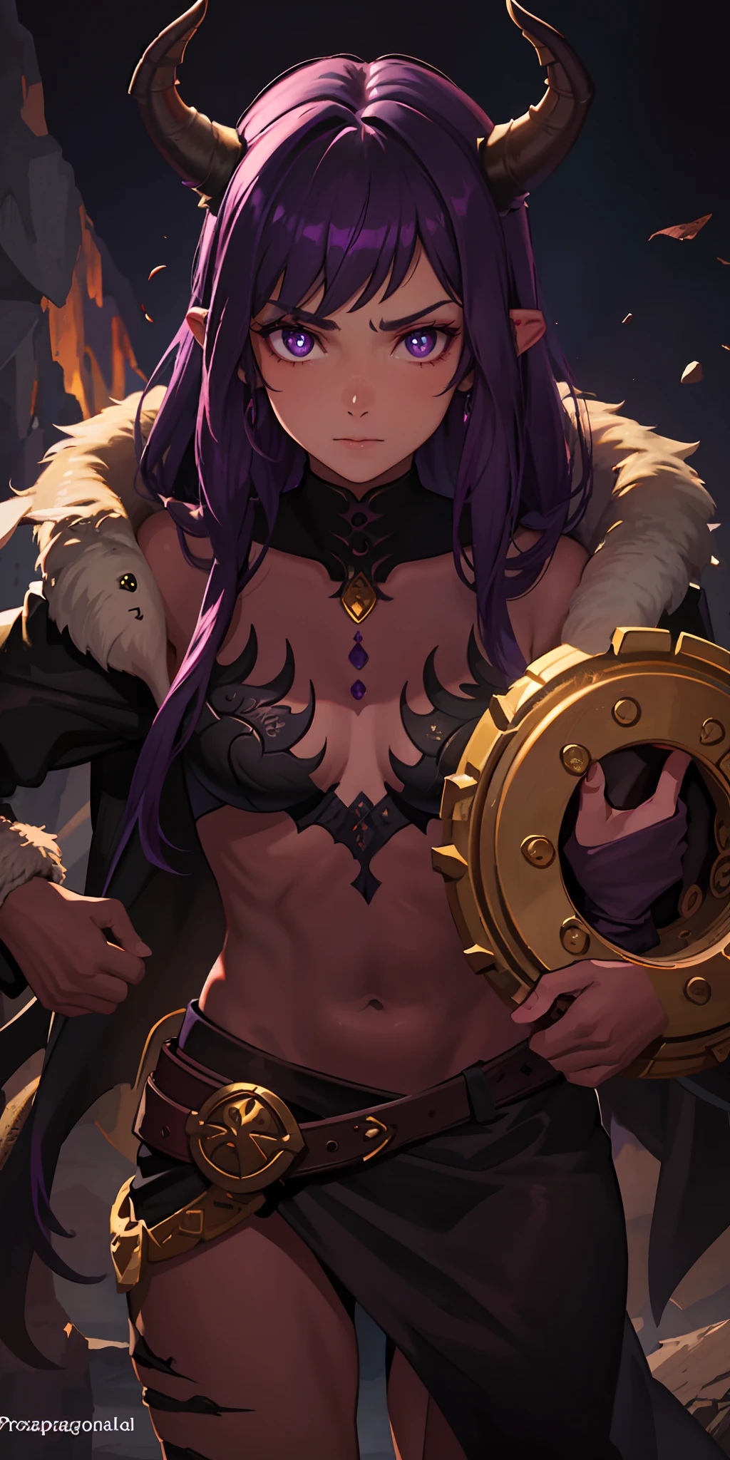 An 18-year-old Dragonborn barbarian from the Dungeons & Dragons world with purple pupils, bronzed complexion and black hair