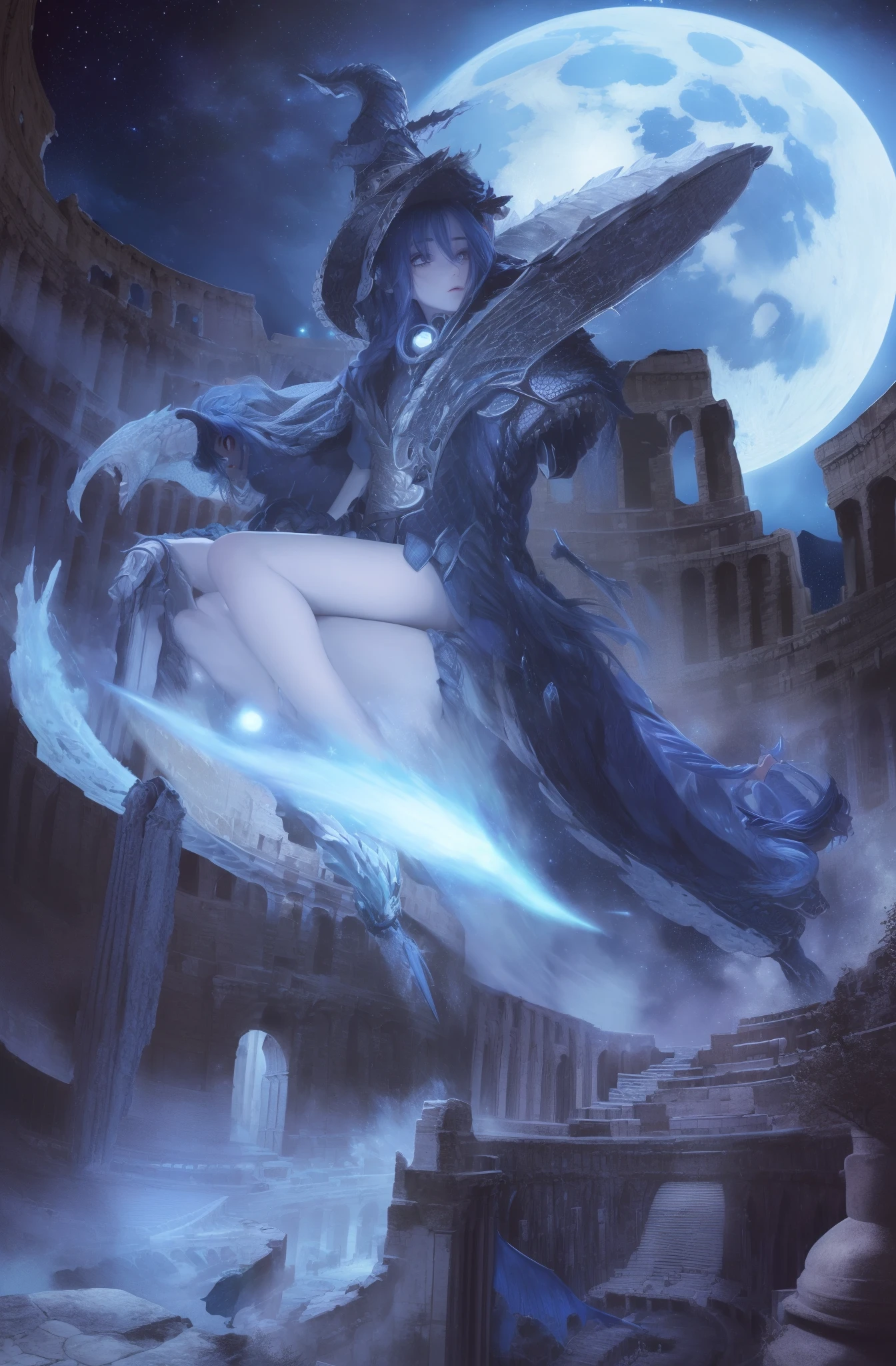 ((masterpiece,best quality,detailed)), 4k,8k,higres, 1girl , dragon, navy blue hair, twist braid, braid, deep cyan eyes,witch dress, broom, The Colosseum, starry sky, moonlight dapple