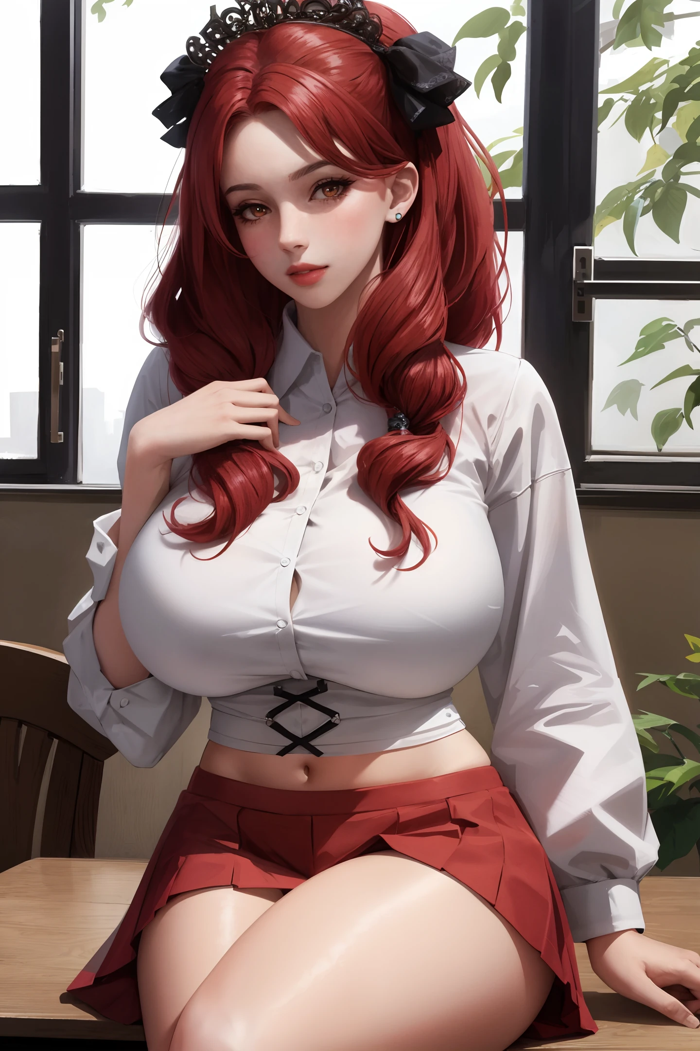 (masterpiece:1.2, best quality), realistic, (real picture, intricate details, depth of field), (1girl, solo), make up, parted lips, highly-detailed, perfect face,
(huge breasts:1.4), (skindentation), thick thighs, wide hips, small waist, tall, glossy coral lips,
red hairs, red eyes, jk, school, sitting at a classroom,