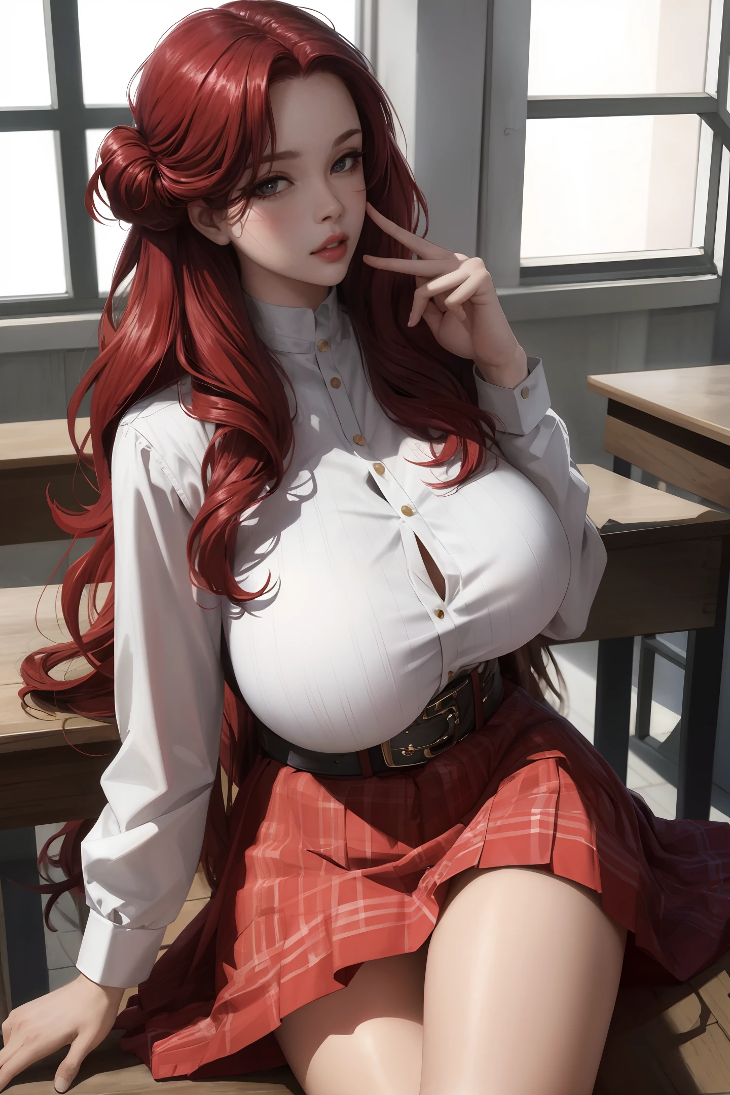 (masterpiece:1.2, best quality), realistic, (real picture, intricate details, depth of field), (1girl, solo), make up, parted lips, highly-detailed, perfect face,
(huge breasts:1.4), (skindentation), thick thighs, wide hips, small waist, tall, glossy coral lips,
red hairs, red eyes, (jk:1.5), school, sitting at a classroom,