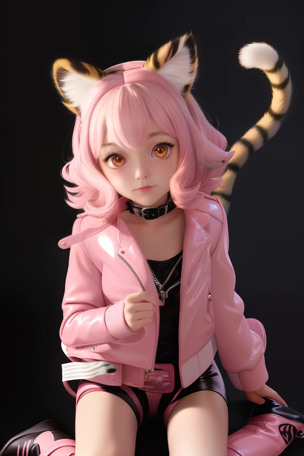 masterpiece, illustration,best quality,delicate details,refined rendering,hand by Guido Daniele,  (1girl:1.5), cute, nekomusume, cosplay,  cat ears, (tiger-like patterns on the ears), white hair, short curly hair,  looking at viewer, full body, (pink leather jacket:1.5), Elastic sleeve, short sleeves, White sling, Tiger spotted stockings, colored sclera, open jacket, black background, cinematic lighting, cat tail, cat girl,  Tiger spotted stockings,