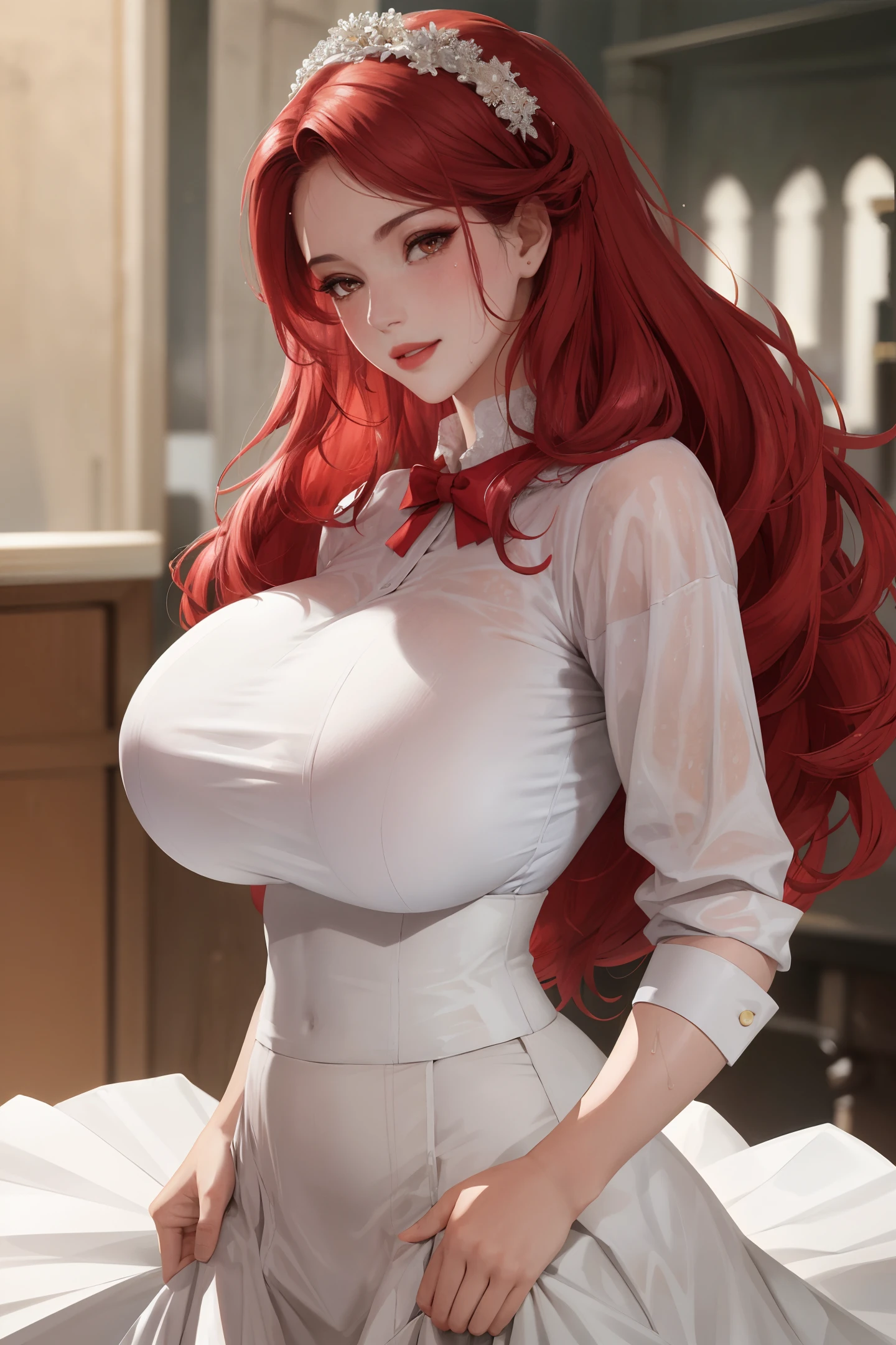 masterpiece:1.2, best quality), realistic, (real picture, intricate details, depth of field), (1girl, solo), make up, parted lips, highly-detailed, perfect face,
(huge breasts:1.4), (skindentation), thick thighs, wide hips, small waist, tall, glossy coral lips,
red hairs, red eyes, (smile), (big ass:1.4)
(A girl drawing, white skirt), (sweating:1.2), (wet), sexy, blushing,