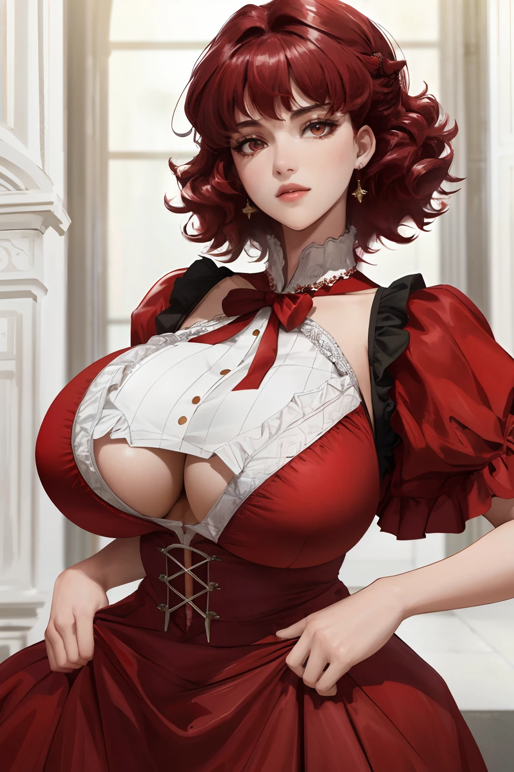 8k, best quality, masterpiece, highly detailed, semi realistic, 1 girl, young woman, 20 years old, dark brown short hair, curly hair, bangs, deep purple eyes, Lolita style, court top long dress, puffy skirt, slim figure, no headwear, (red hair:1.6), red eyes, sexy, (big boobs:1.4), thick thighs, wide hips,