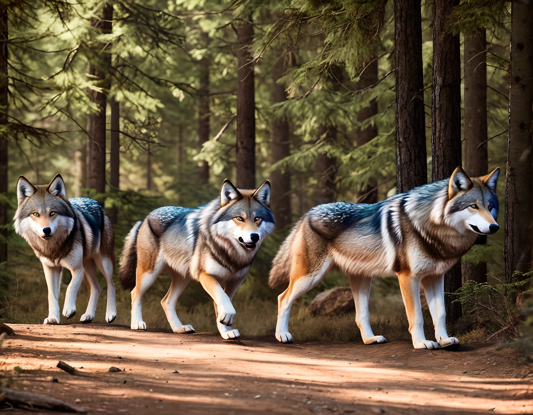 Forest, dynamic, hyper-realistic wolf pack hunting scene with strong fur realism, in ultra-high definition 4K quality.