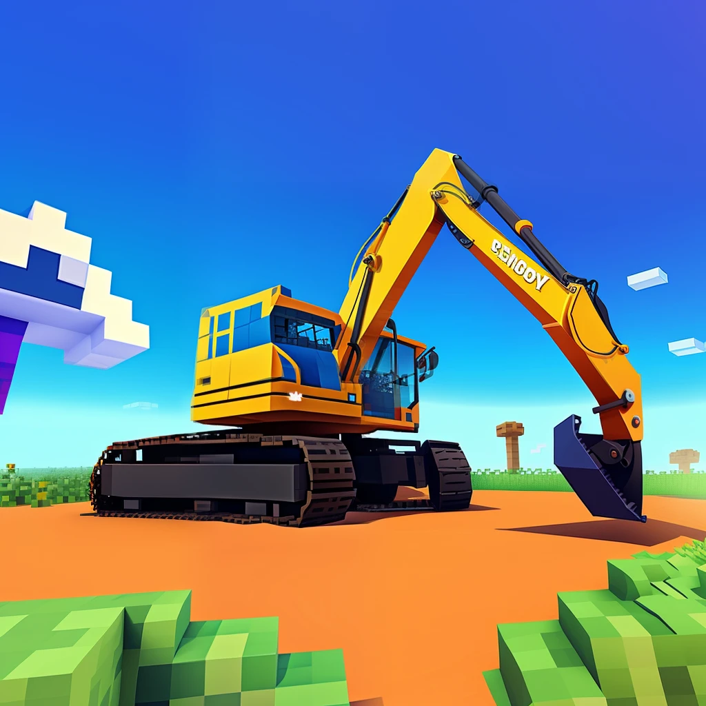 Cartoon style, low poly, blue sky, dynamic, excavator digging in Minecraft style.
A high-speed excavator digging into a deposit of purple ore with intense focus.