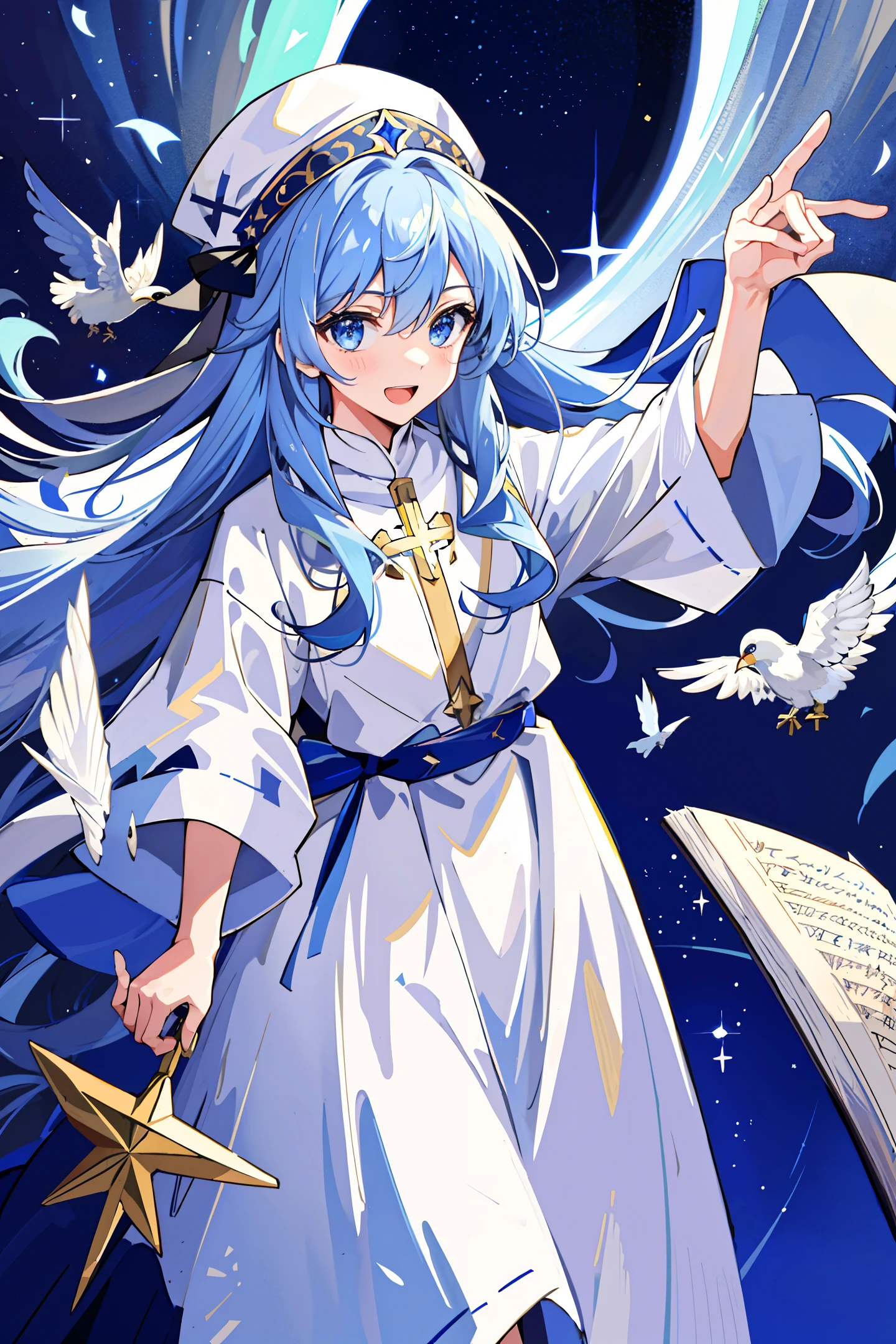 ((Masterpiece: 1.2, Best Quality)), 1 Boy, Solo, (Priest Hat), Blonde, Long Hair, Dress, Aurora, Night, Stars (Sky), Gloves, Sky, White Robe, Night Sky, Open Mouth, Starry Sky, Blue Eyes, Ribbon, Long Hair, Smile, Hair Ribbon, Cloak, Blue Hair, (Bird), Magic, Spell Casting, Clouds, Night, (Impressionist: 1.4), (Holy Radiance), Gospel，
