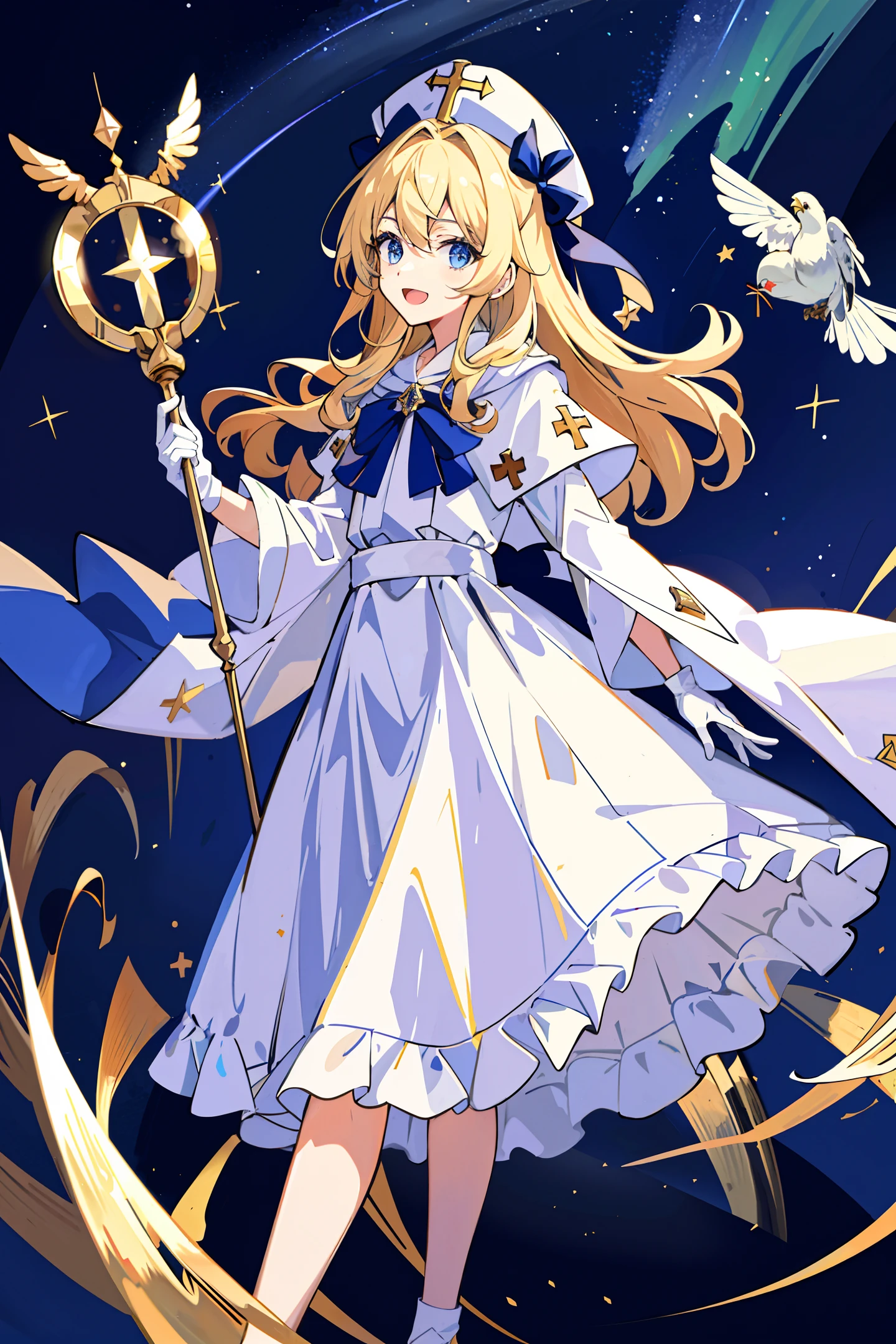 ((Masterpiece: 1.2, Best Quality)), 1 Boy, Solo, (Priest Hat), Blonde, Long Hair, Dress, Aurora, Night, Stars (Sky), Gloves, Sky, White Robe, Night Sky, Open Mouth, Starry Sky, Blue Eyes, Ribbon, Long Hair, Smile, Hair Ribbon, Cloak, Blue Hair, (Bird), Magic, Spell Casting, Clouds, Night, (Impressionist: 1.4), (Holy Radiance), Gospel，