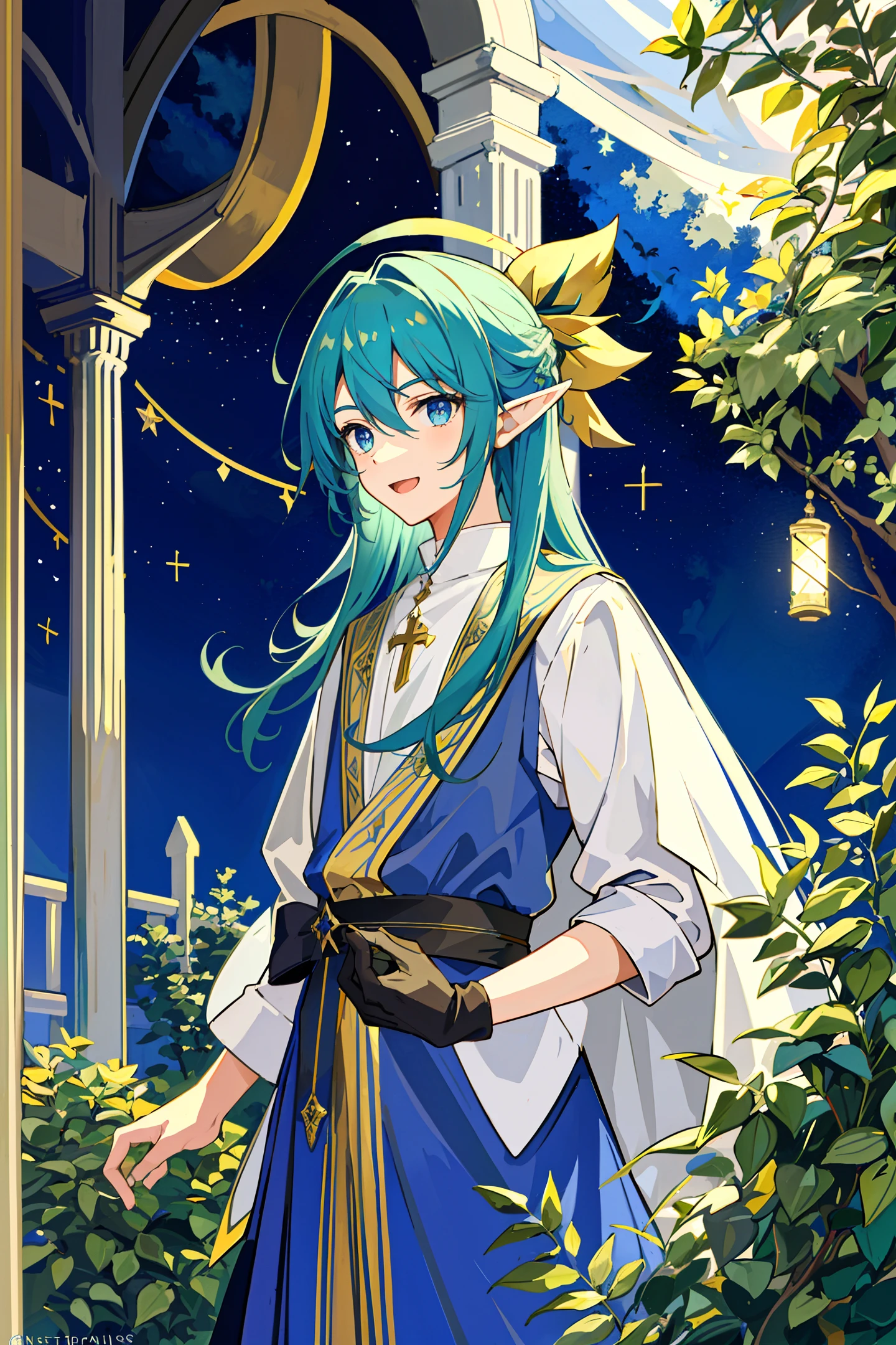 ((Masterpiece: 1.2, Best Quality)), 1 Boy, Solo, (Priest Hat), Green Hair, Long Hair, Priest, Aurora, Night, Stars (Sky), Gloves, Sky, White Robe, Night Sky, Open Mouth, Starry Sky, Blue Eyes, Ribbon, Long Hair, Smile, Hair Ribbon, Cloak, Blue Hair, (Bird), Magic, Spell Casting, Clouds, Night, (Impressionist: 1.4), (Holy Radiance), Gospel, Leaves, Plant Atmosphere, Green, Elf